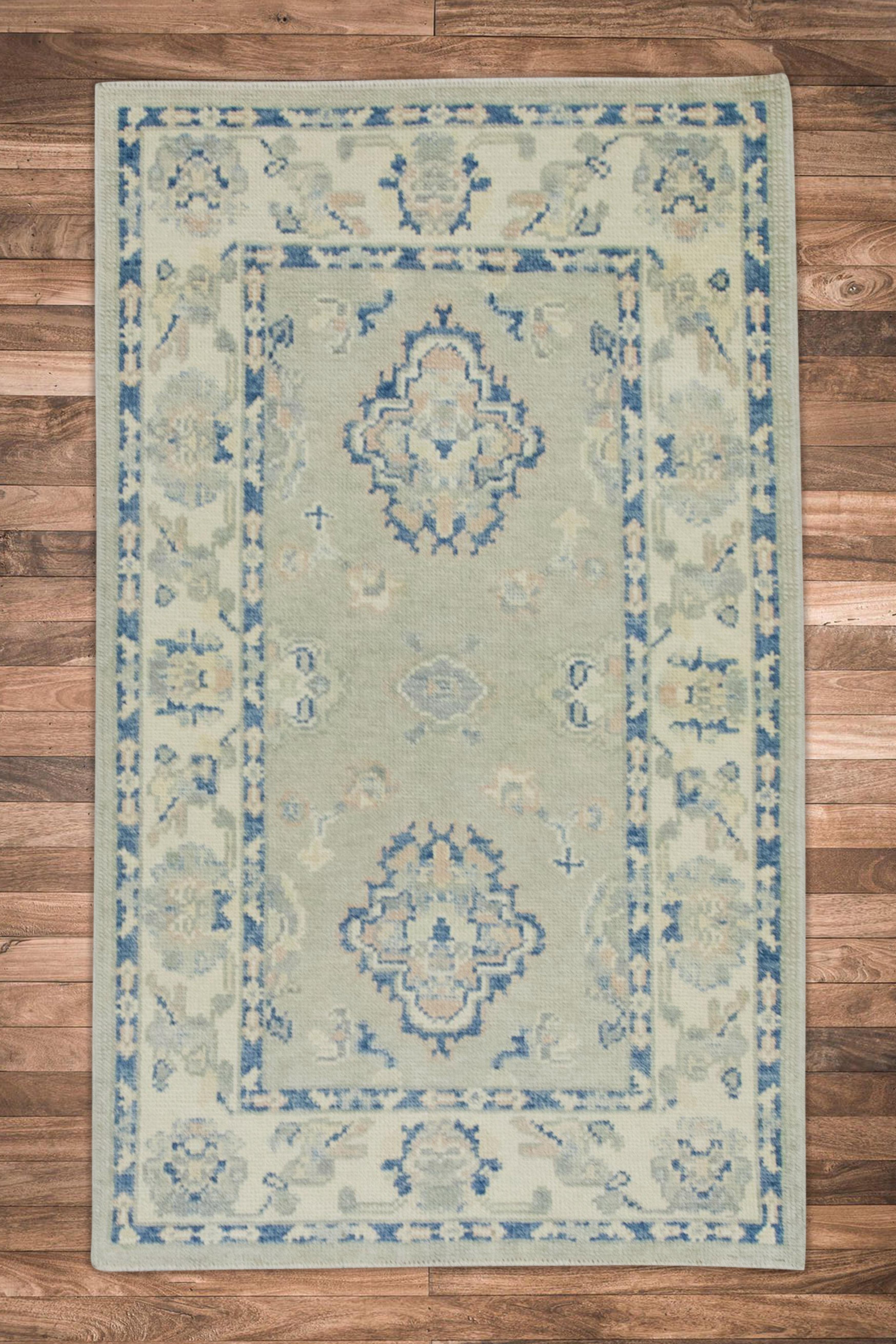 Contemporary Green & Blue Floral Design Handwoven Wool Turkish Oushak Rug 3' x 4'10