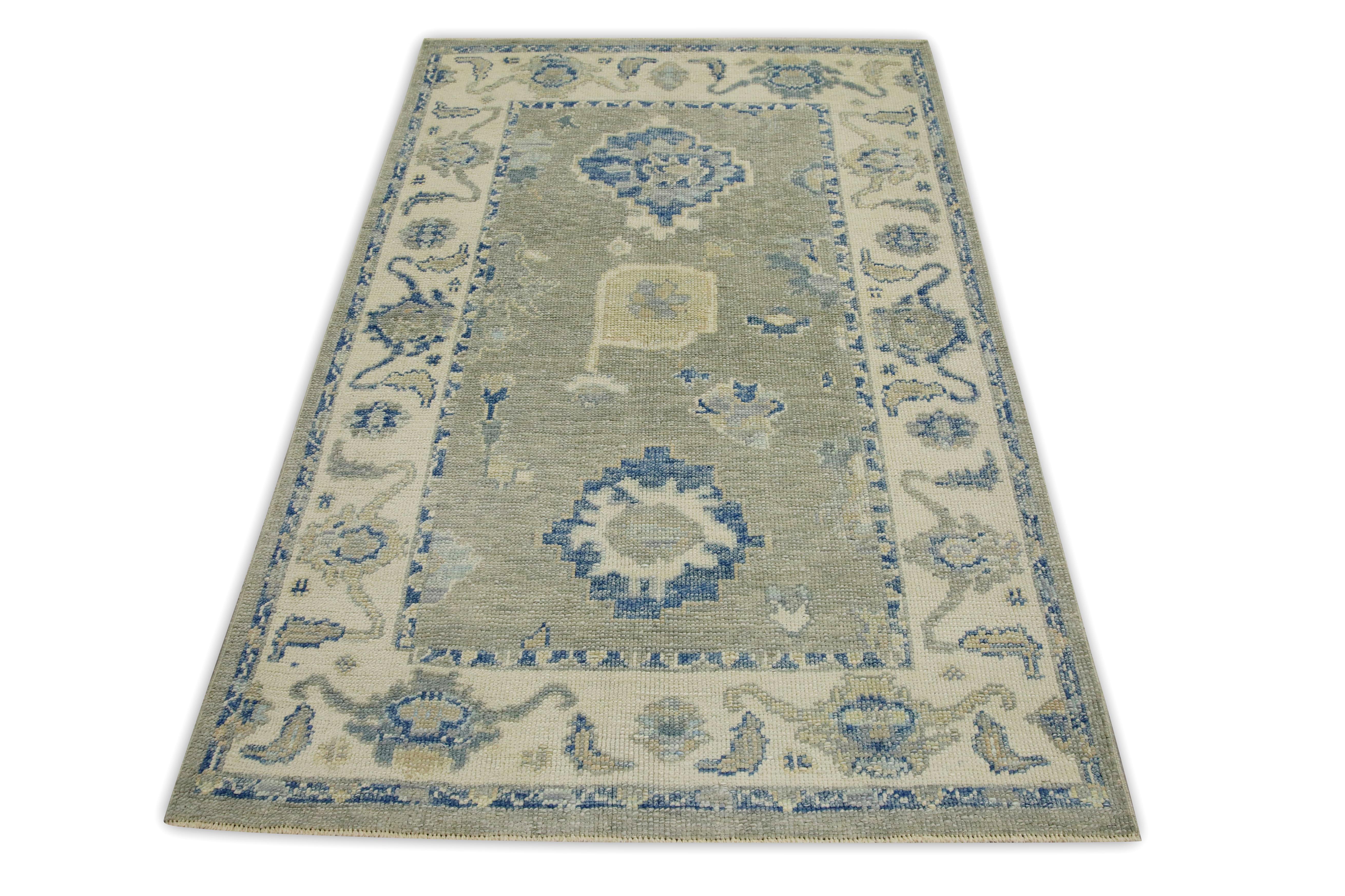 Contemporary Green & Blue Floral Design Handwoven Wool Turkish Oushak Rug 3'10