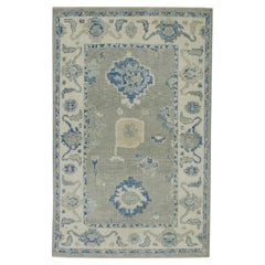 Handgewebter türkischer Oushak-Teppich aus Wolle in Grün & Blau mit Blumenmuster 3'10" x 5'10"