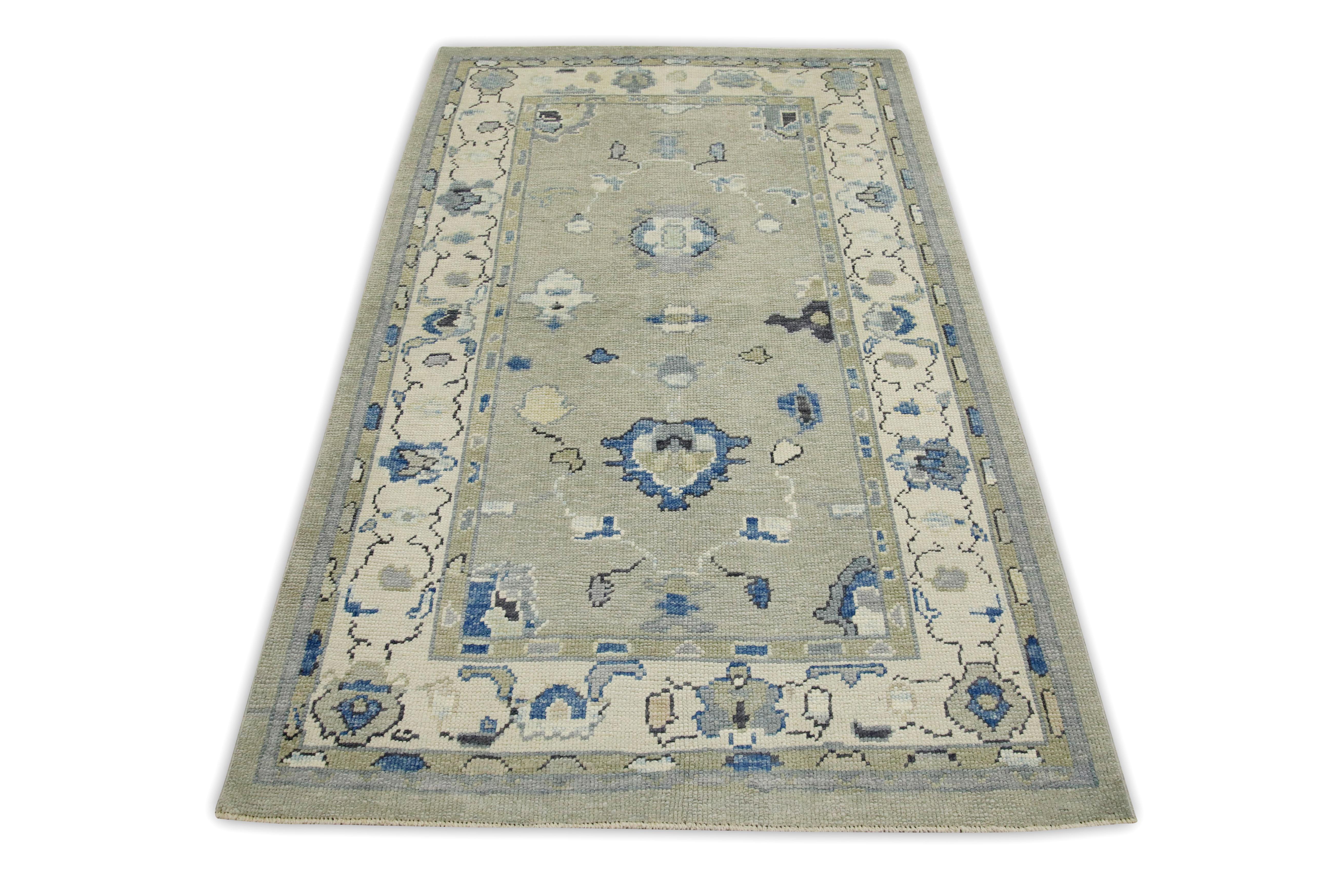 Contemporary Green & Blue Floral Design Handwoven Wool Turkish Oushak Rug 3'10