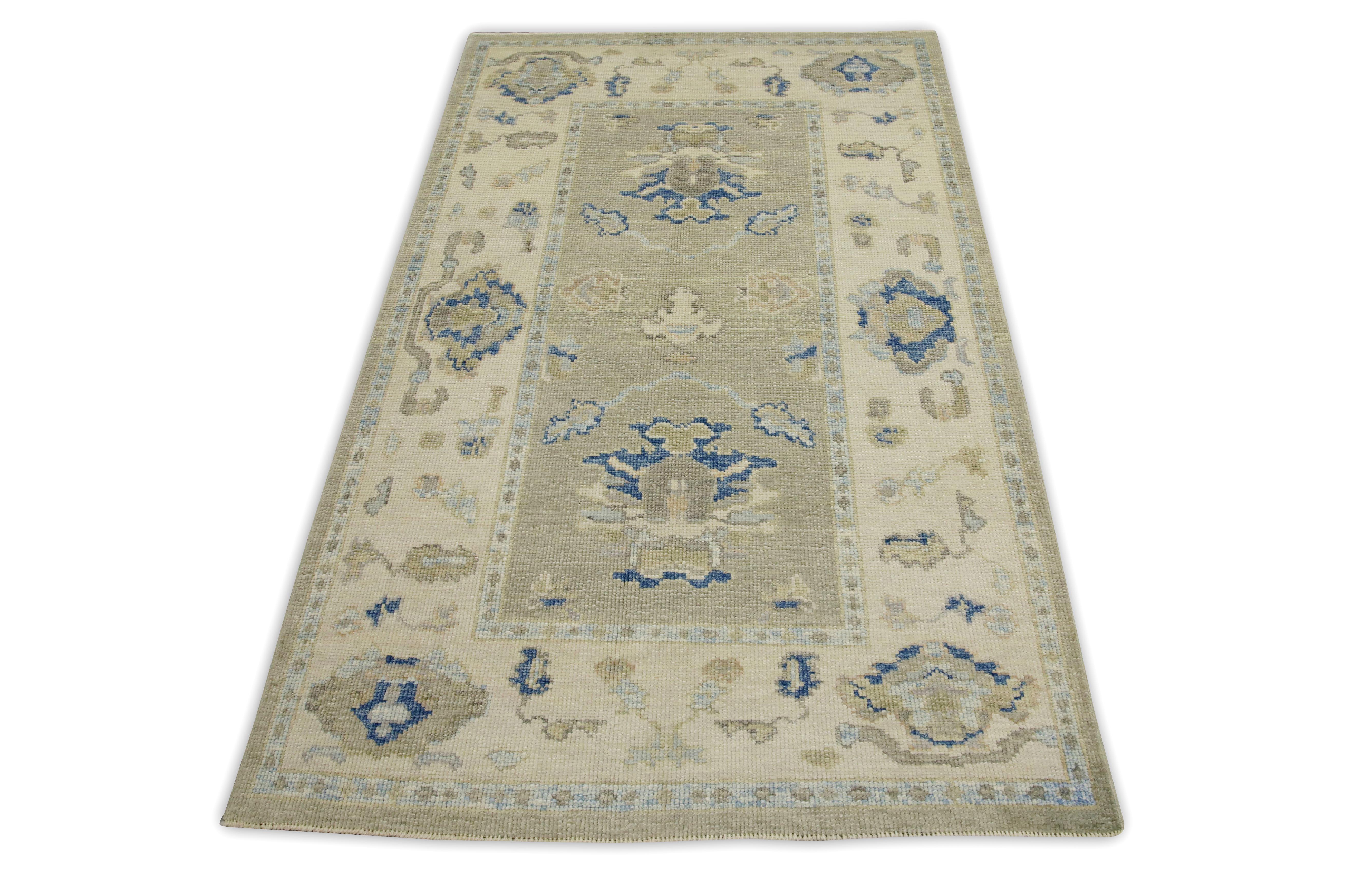 Contemporary Green & Blue Floral Design Handwoven Wool Turkish Oushak Rug 3'8