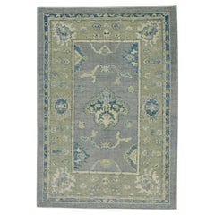 Green & Blue Floral Design Handwoven Wool Turkish Oushak Rug 4'1" x 5'10"