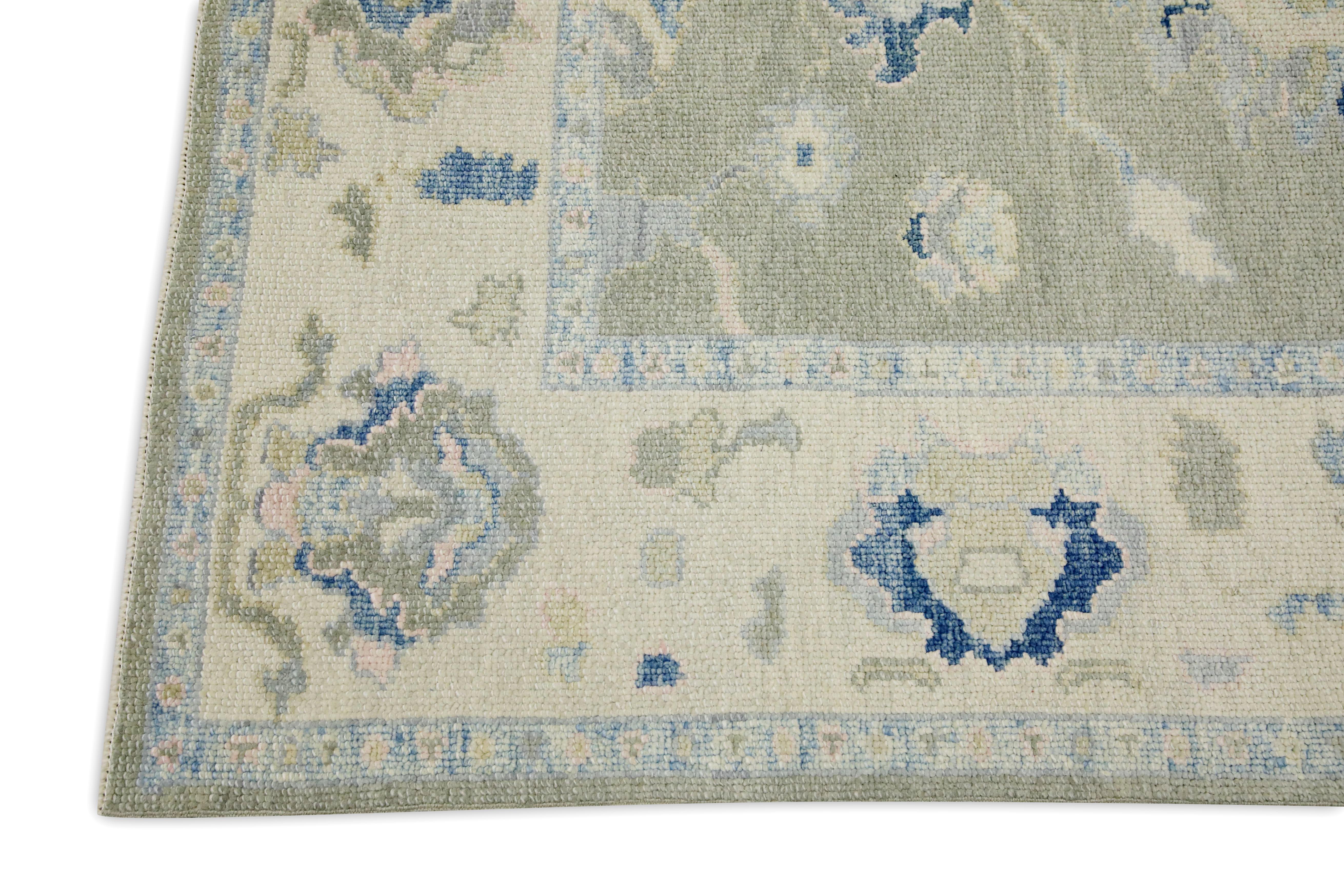 Turco Green & Blue Floral Design Handwoven Wool Turkish Oushak Rug 4'9
