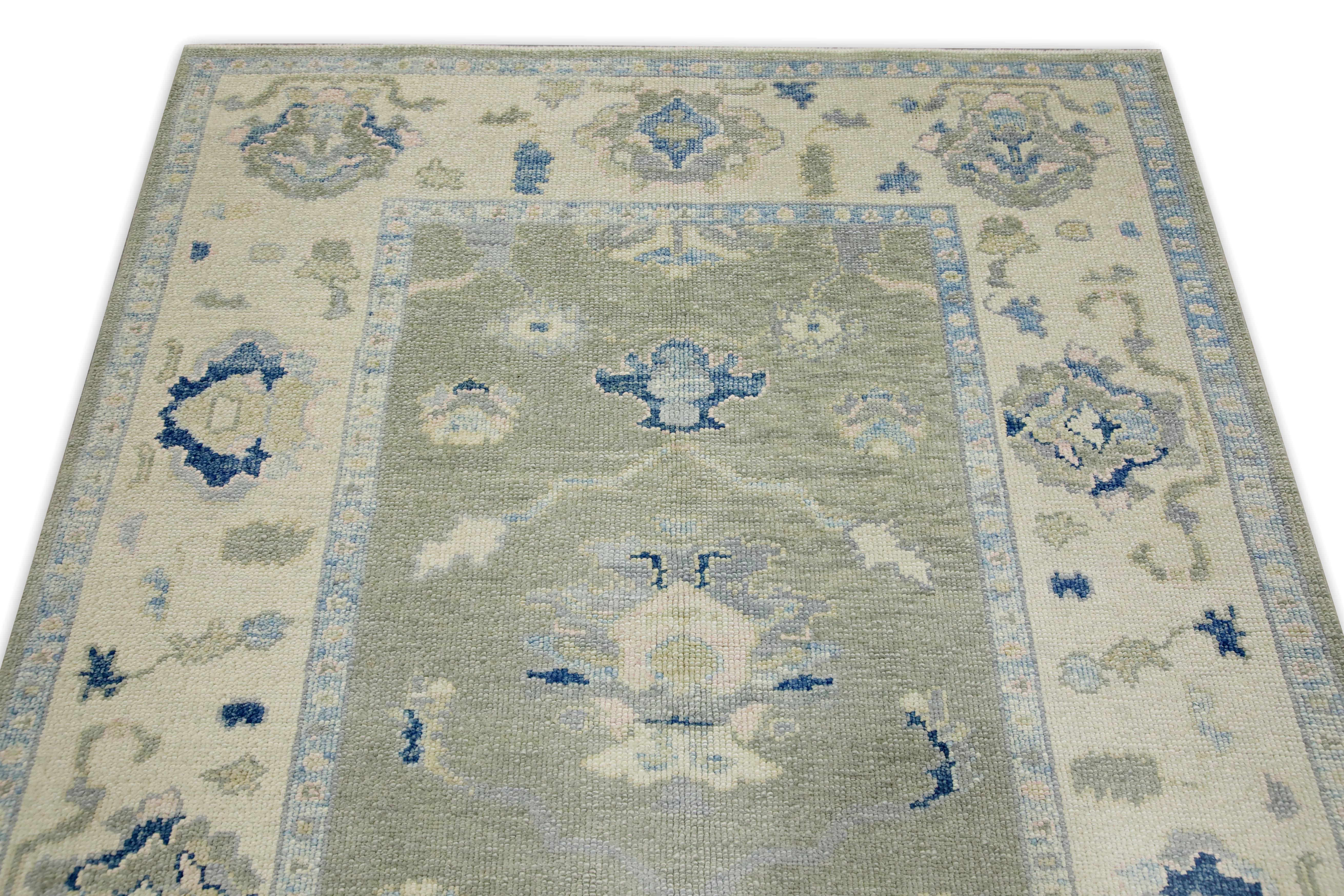 Tintura vegetale Green & Blue Floral Design Handwoven Wool Turkish Oushak Rug 4'9