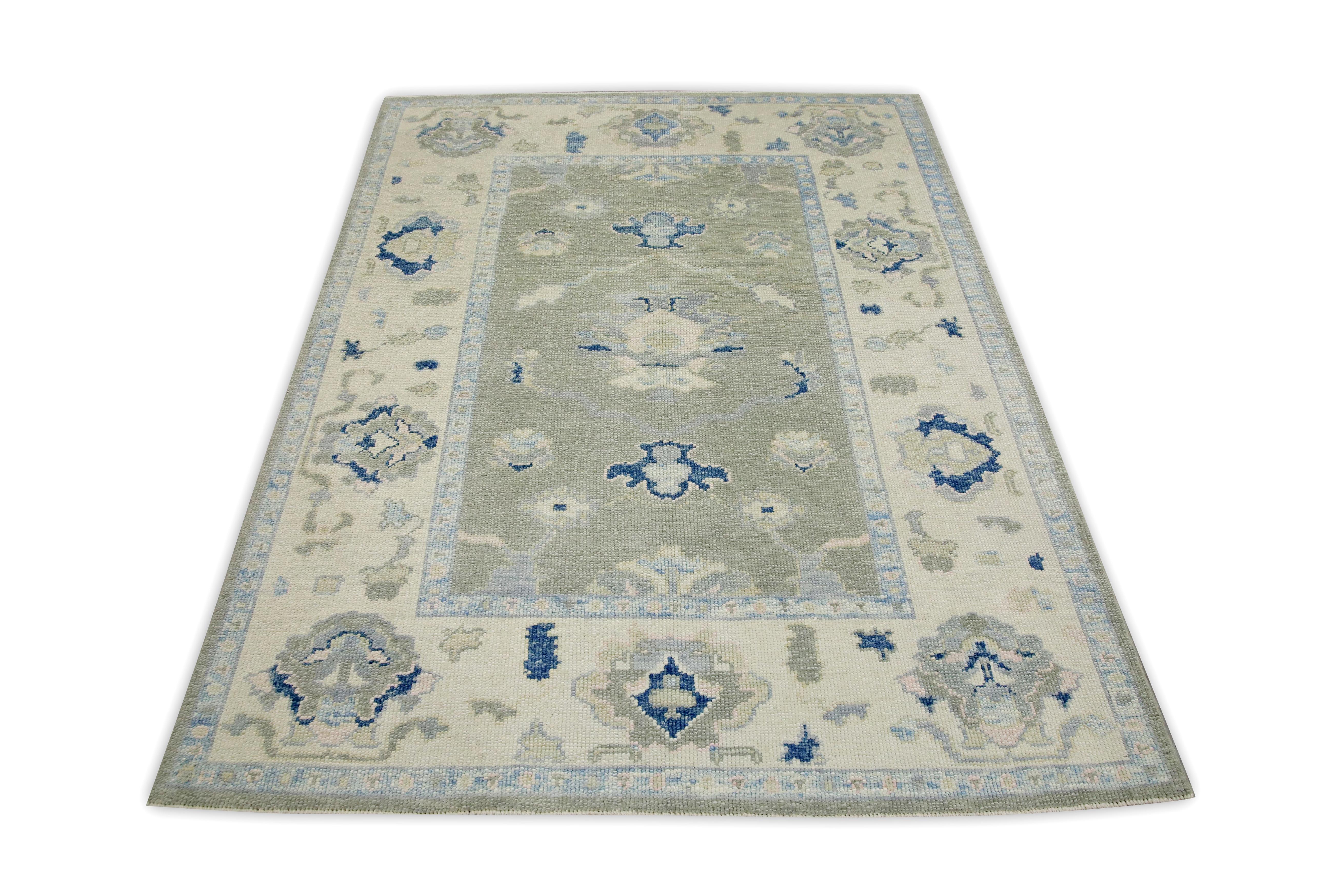 Green & Blue Floral Design Handwoven Wool Turkish Oushak Rug 4'9