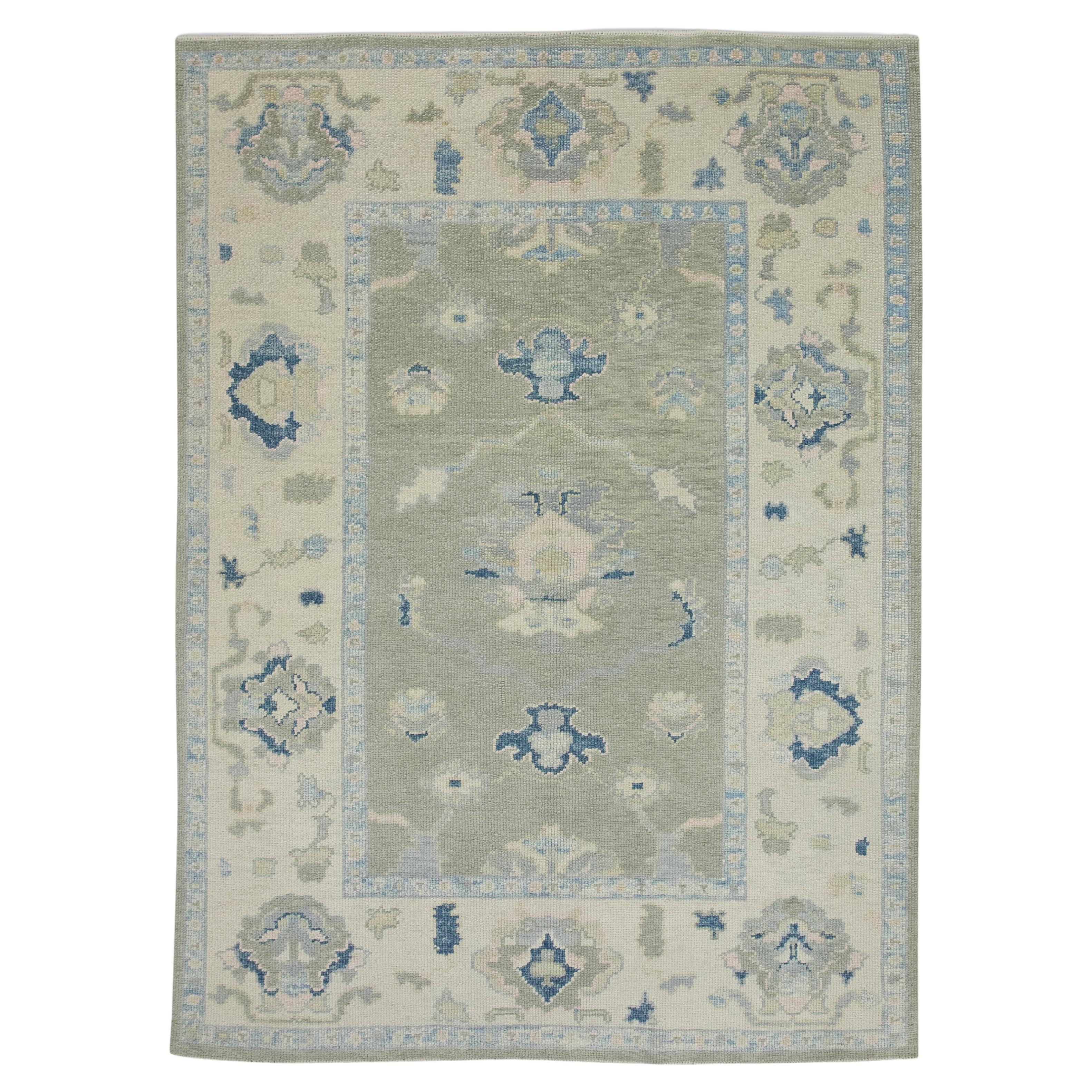 Green & Blue Floral Design Handwoven Wool Turkish Oushak Rug 4'9" x 6'3"