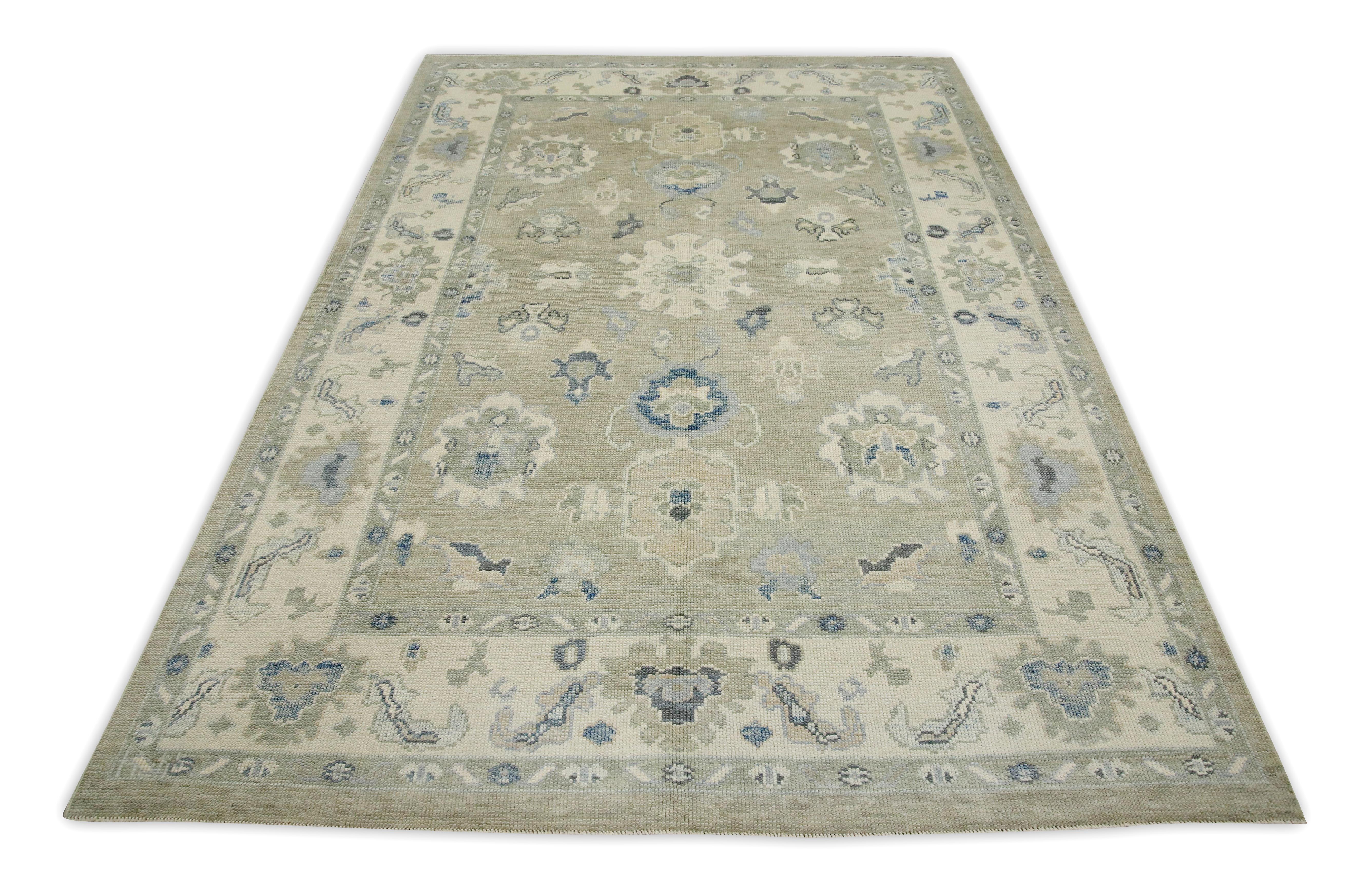 Handgewebter türkischer Oushak-Teppich aus Wolle in Grün & Blau mit Blumenmuster, 6' x 8'7