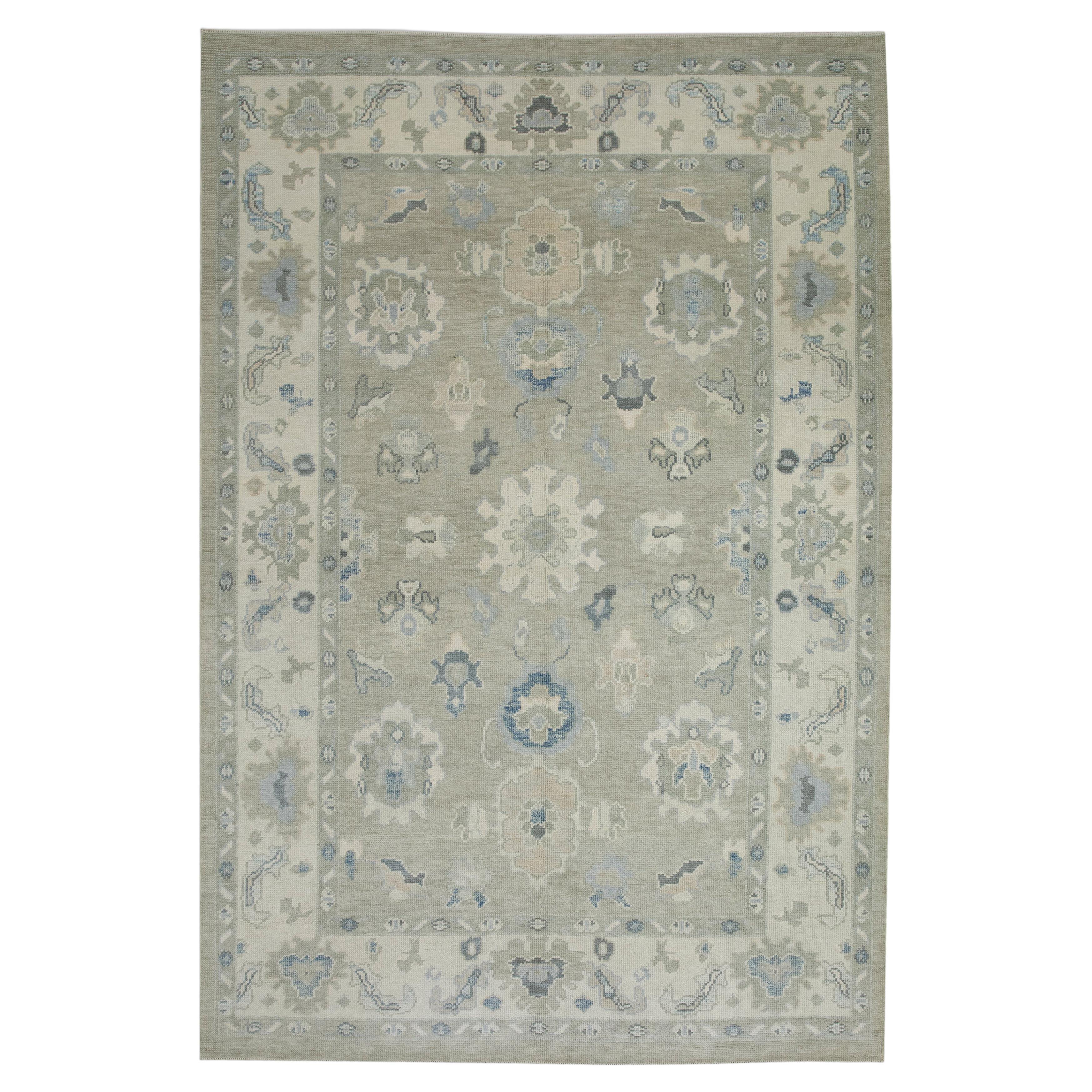 Green & Blue Floral Design Handwoven Wool Turkish Oushak Rug 6' x 8'7"