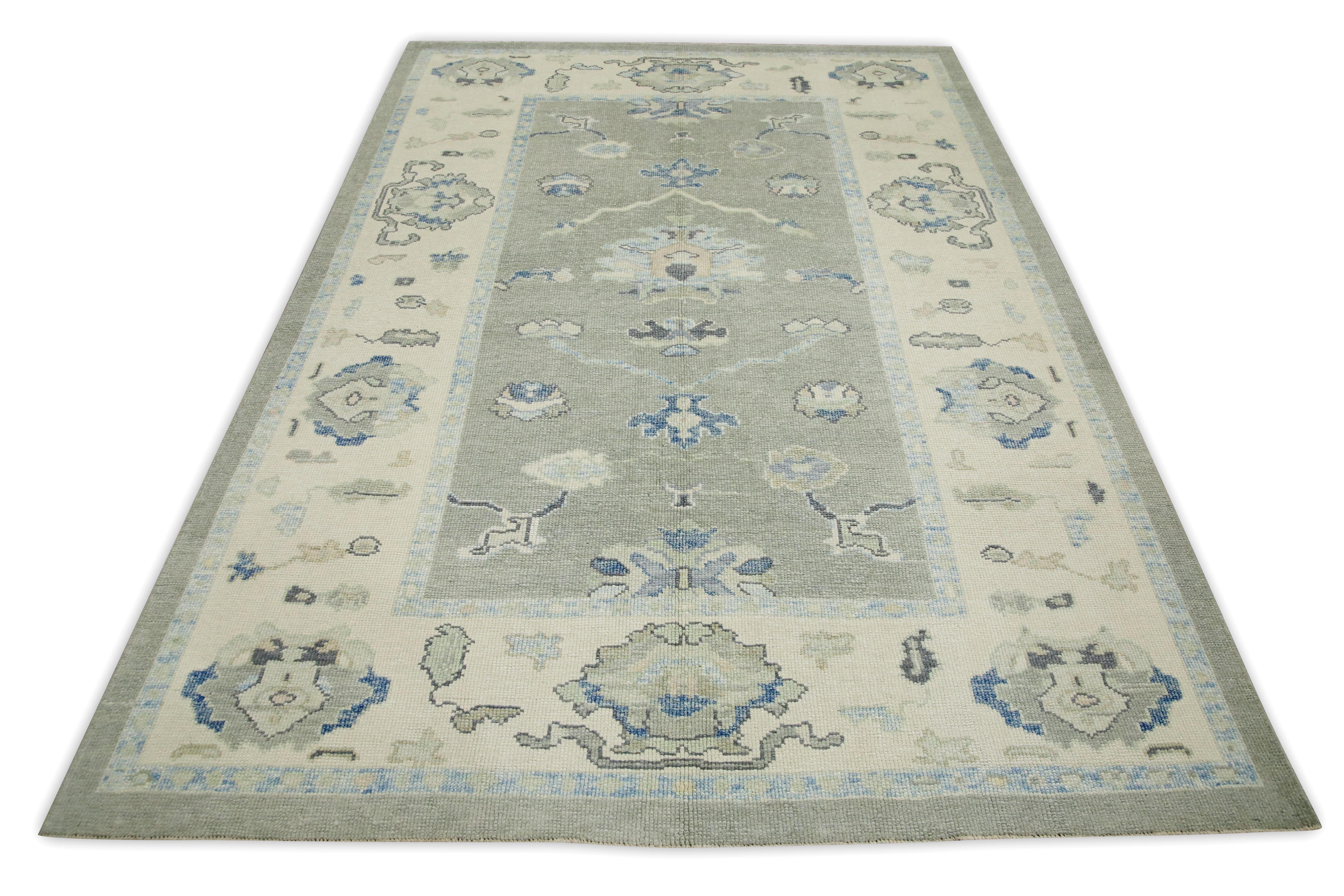 Contemporary Green & Blue Floral Design Handwoven Wool Turkish Oushak Rug 6' x 8'8