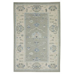 Handgewebter türkischer Oushak-Teppich aus Wolle in Grün & Blau mit Blumenmuster, 6' x 8'8"