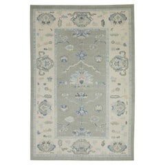 Green & Blue Floral Design Handwoven Wool Turkish Oushak Rug 6' x 8'8"