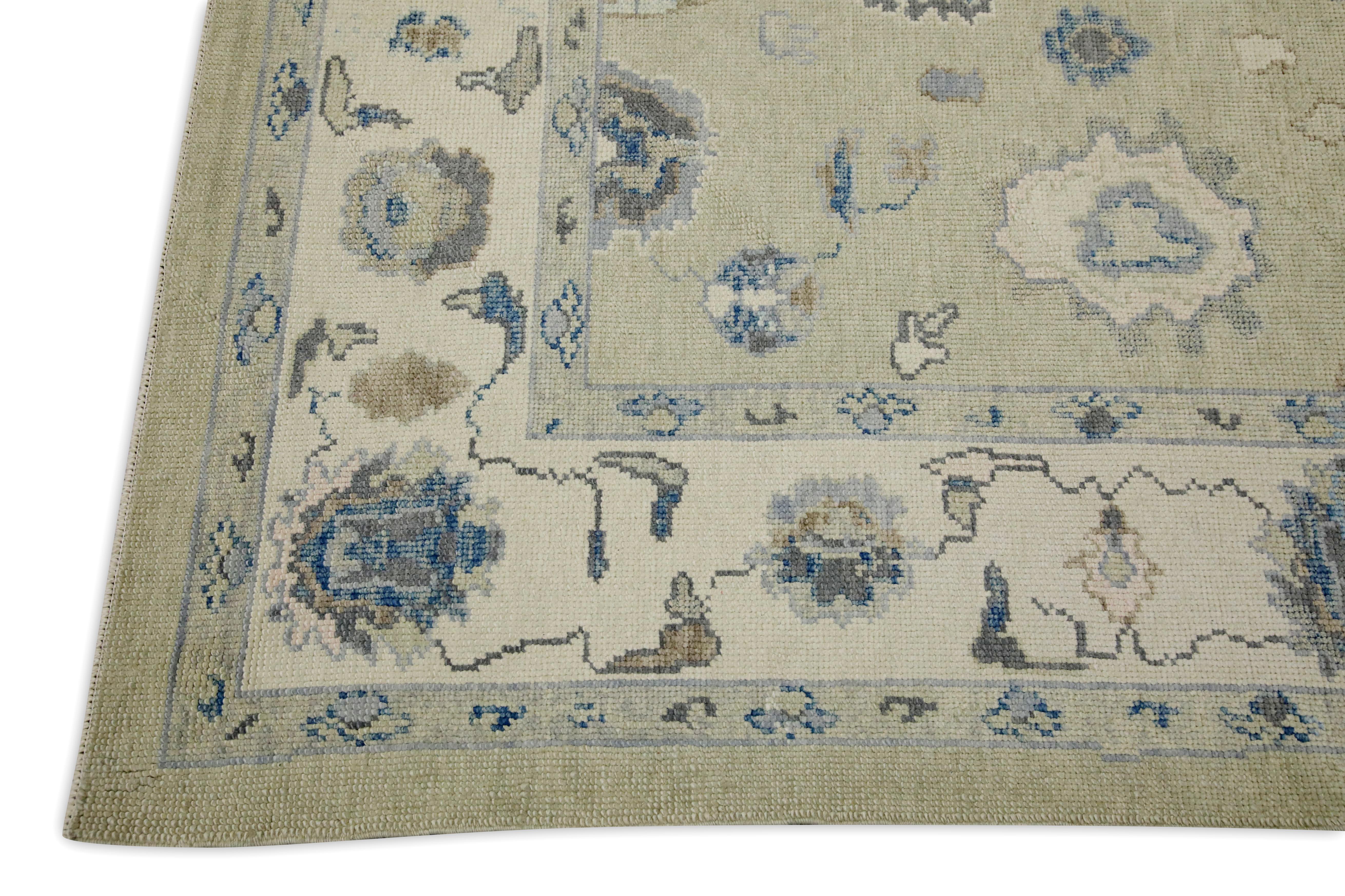 Vegetable Dyed Green & Blue Floral Design Handwoven Wool Turkish Oushak Rug 6'1