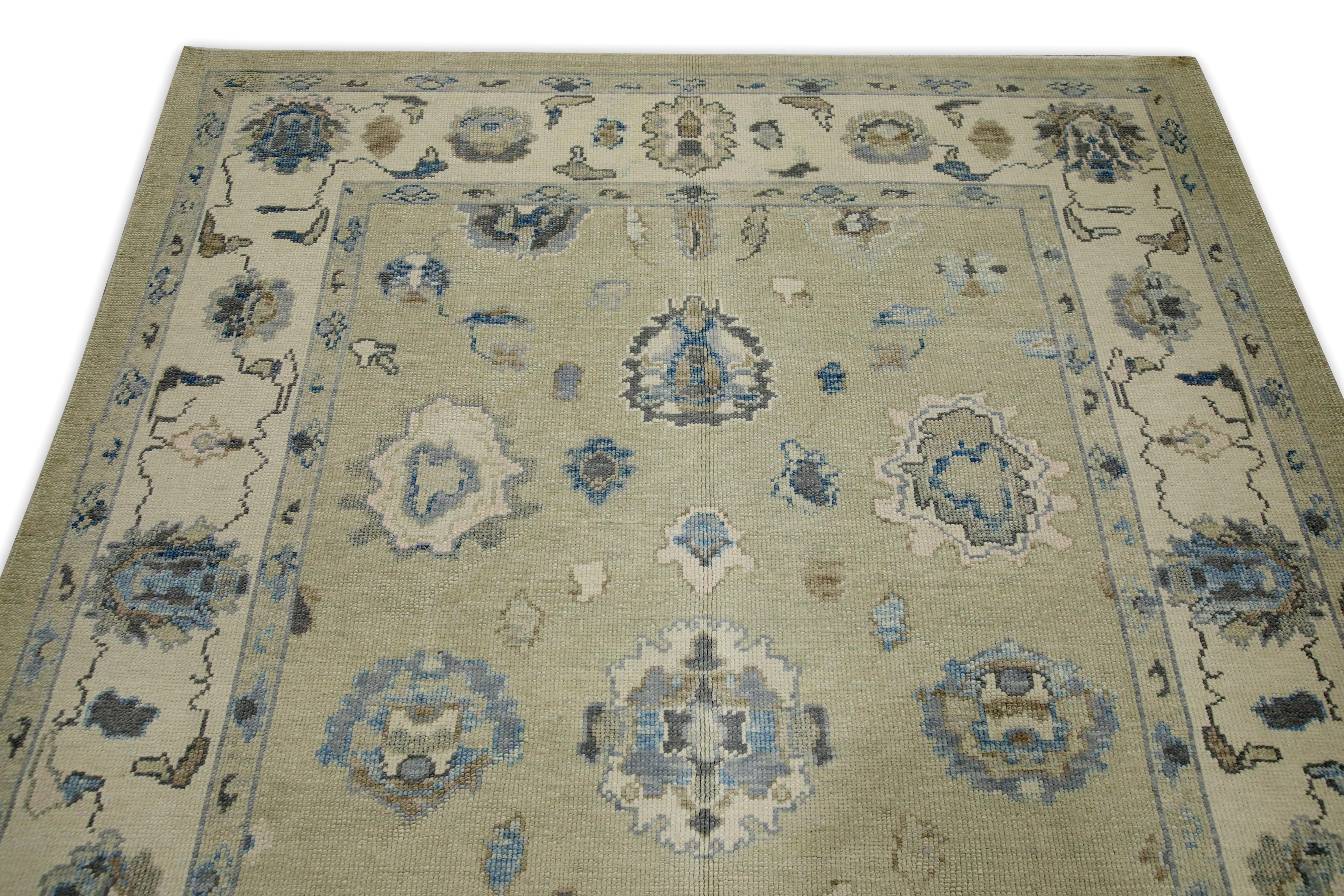 Green & Blue Floral Design Handwoven Wool Turkish Oushak Rug 6'1