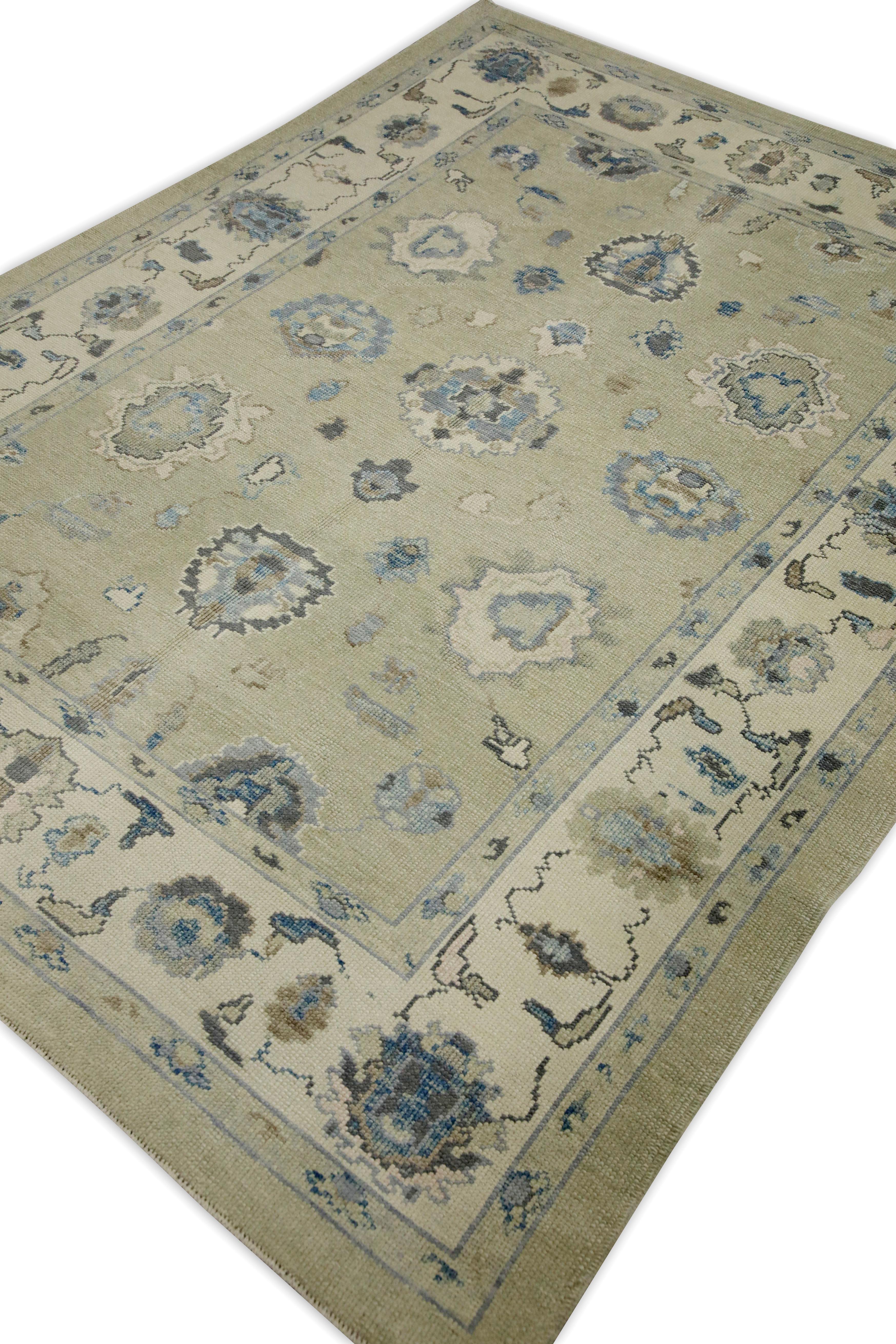Contemporary Green & Blue Floral Design Handwoven Wool Turkish Oushak Rug 6'1
