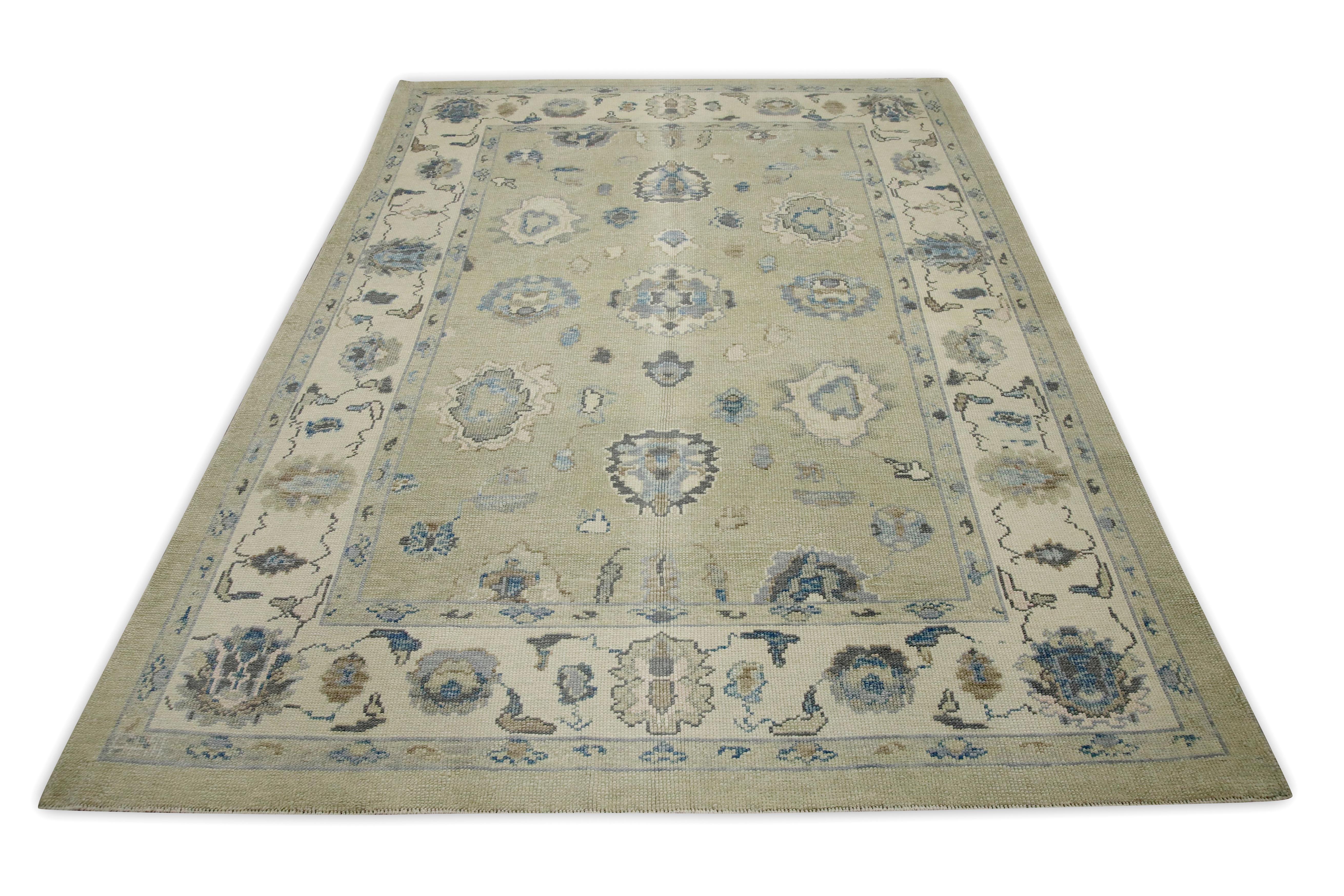 Green & Blue Floral Design Handwoven Wool Turkish Oushak Rug 6'1