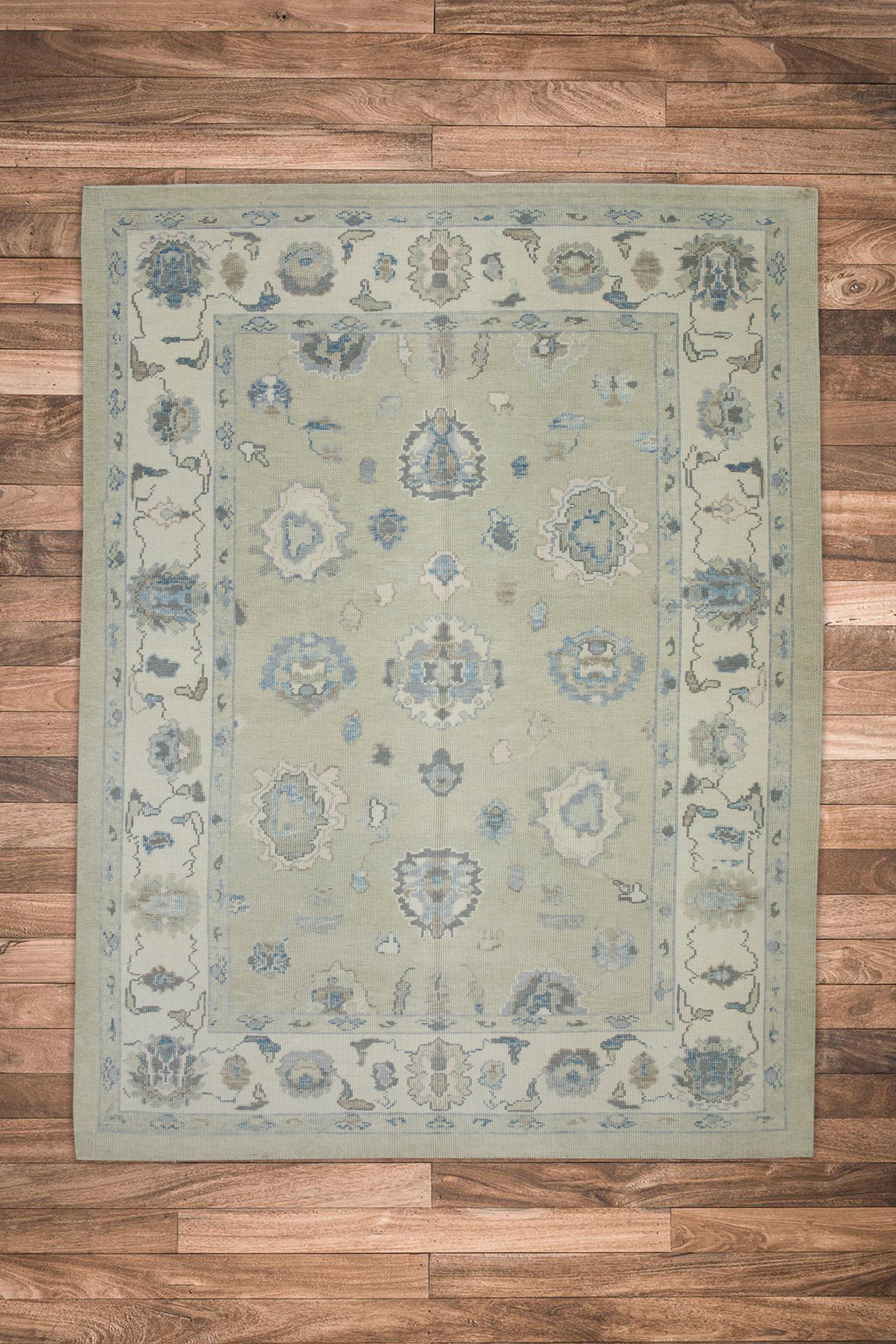 Green & Blue Floral Design Handwoven Wool Turkish Oushak Rug 6'1