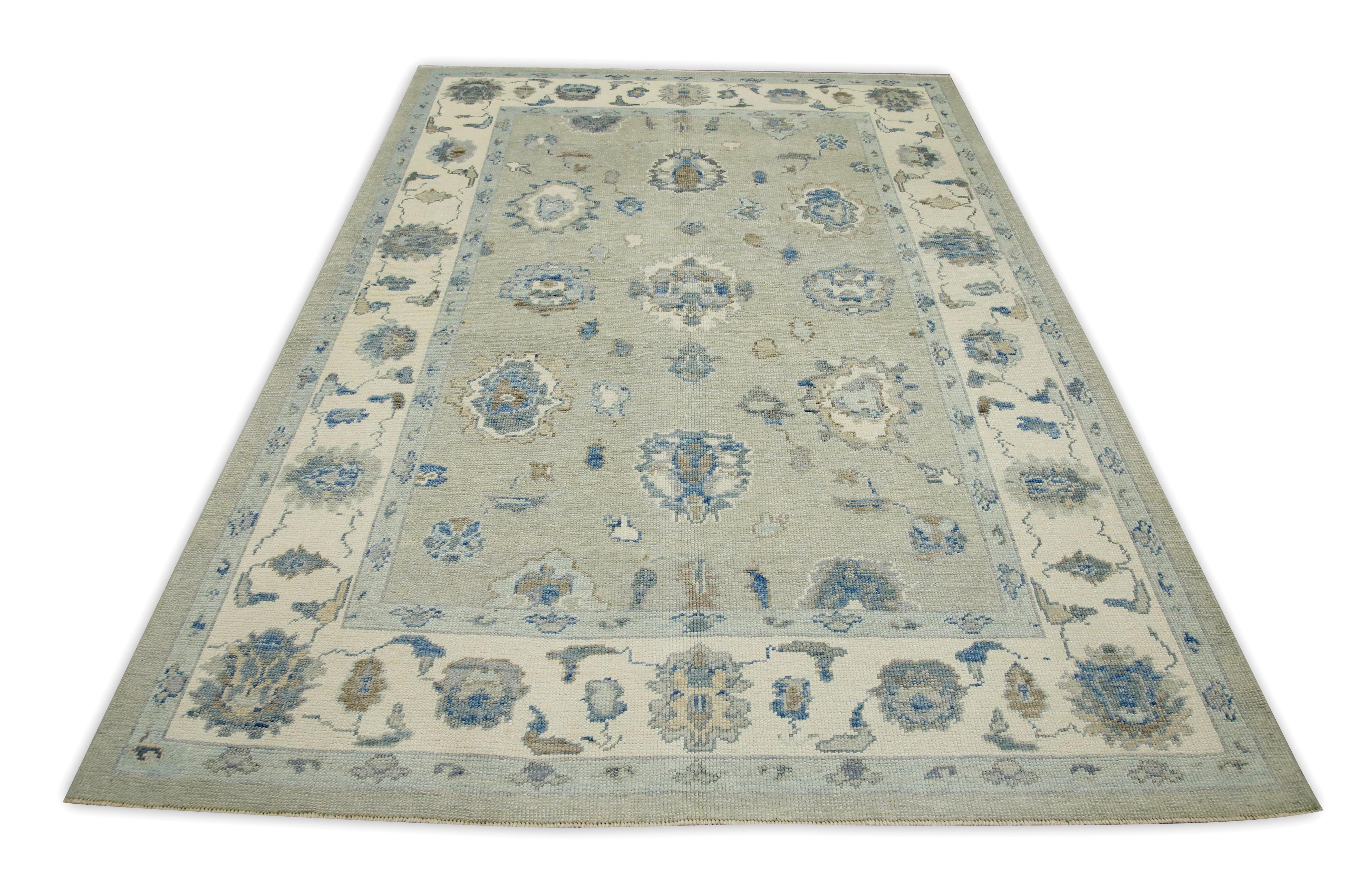 Contemporary Green & Blue Floral Design Handwoven Wool Turkish Oushak Rug 6'1