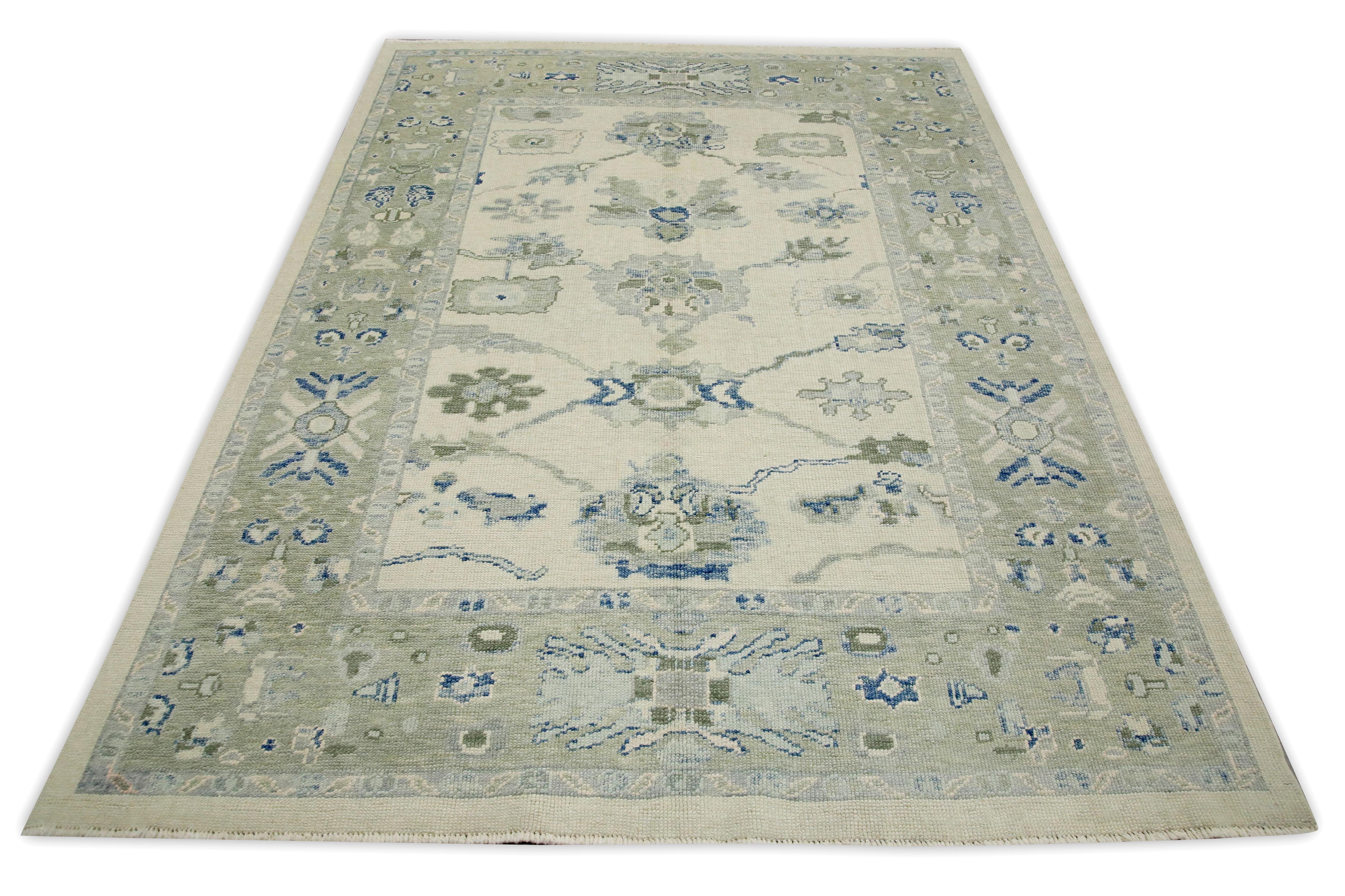 Contemporary Green & Blue Floral Design Handwoven Wool Turkish Oushak Rug 6'2
