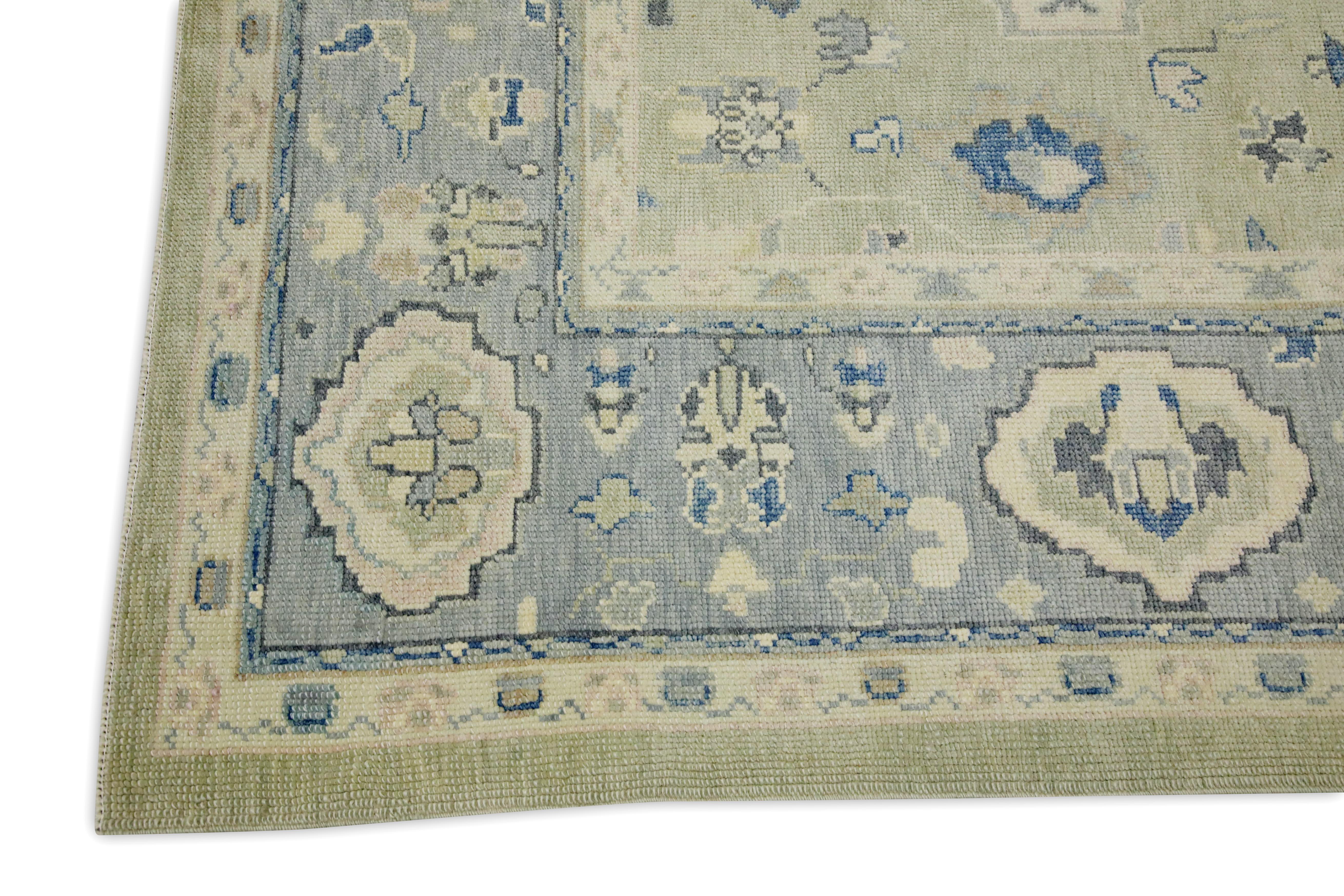 Vegetable Dyed Green & Blue Floral Design Handwoven Wool Turkish Oushak Rug 6'2