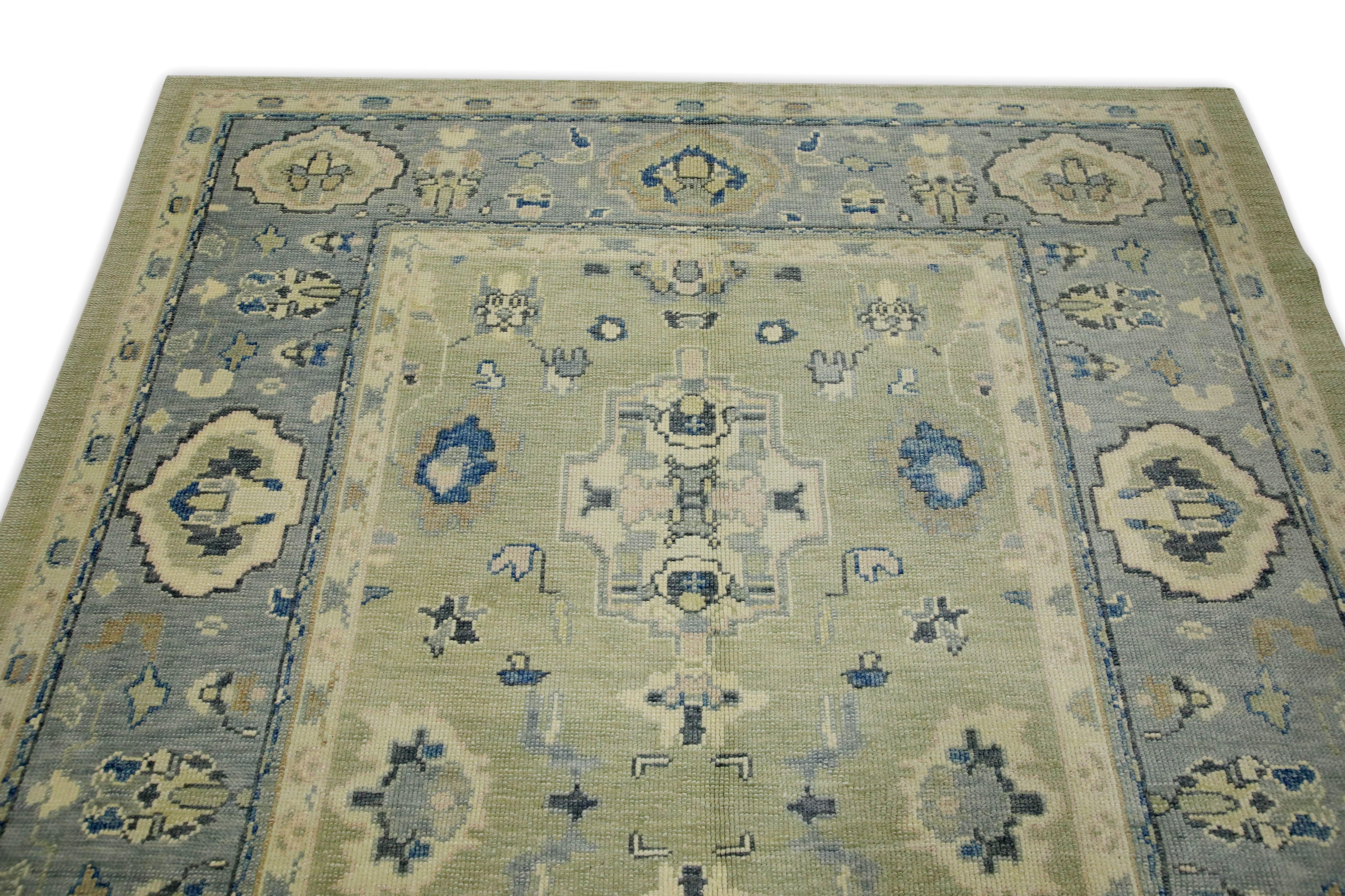 Green & Blue Floral Design Handwoven Wool Turkish Oushak Rug 6'2