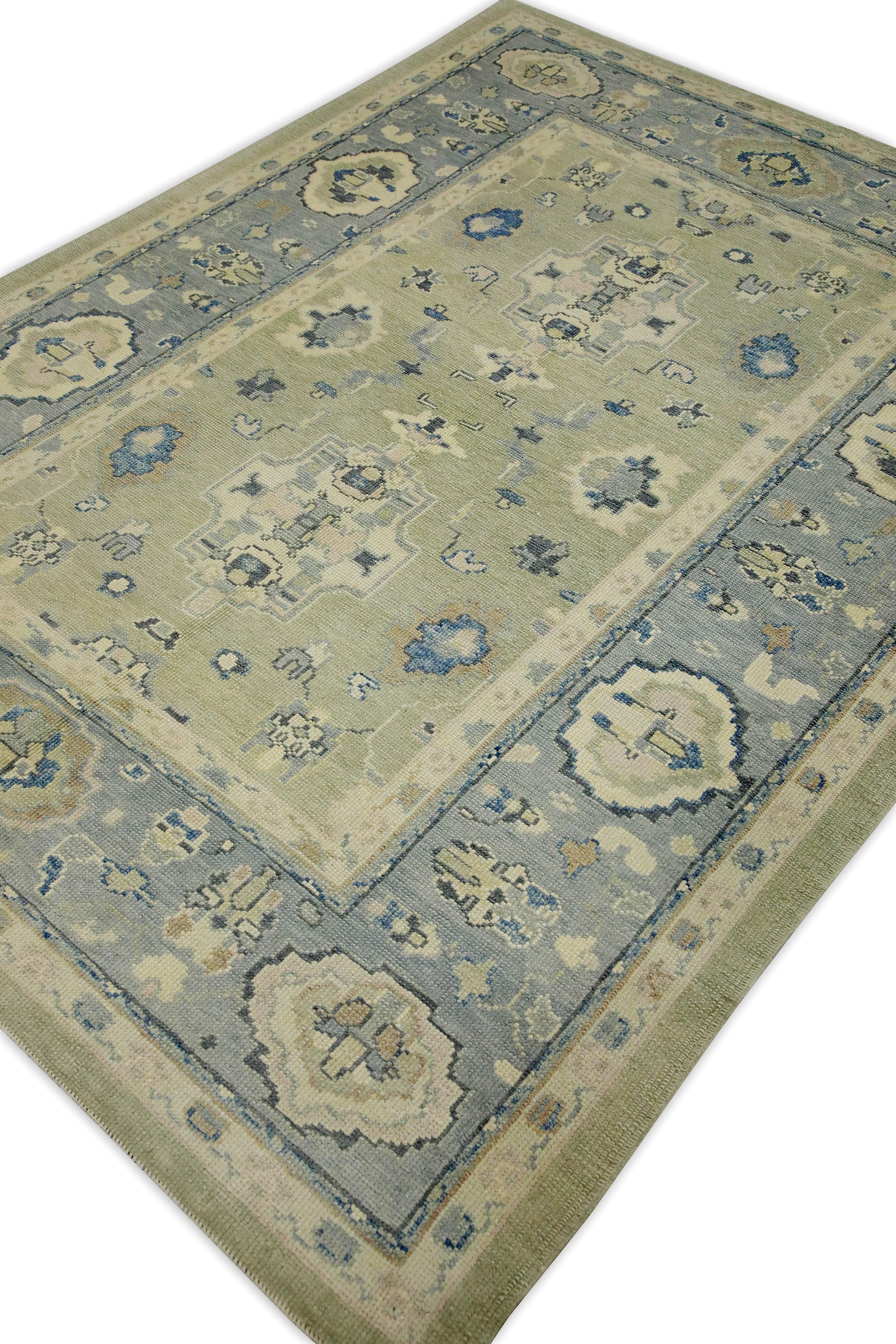 Contemporary Green & Blue Floral Design Handwoven Wool Turkish Oushak Rug 6'2