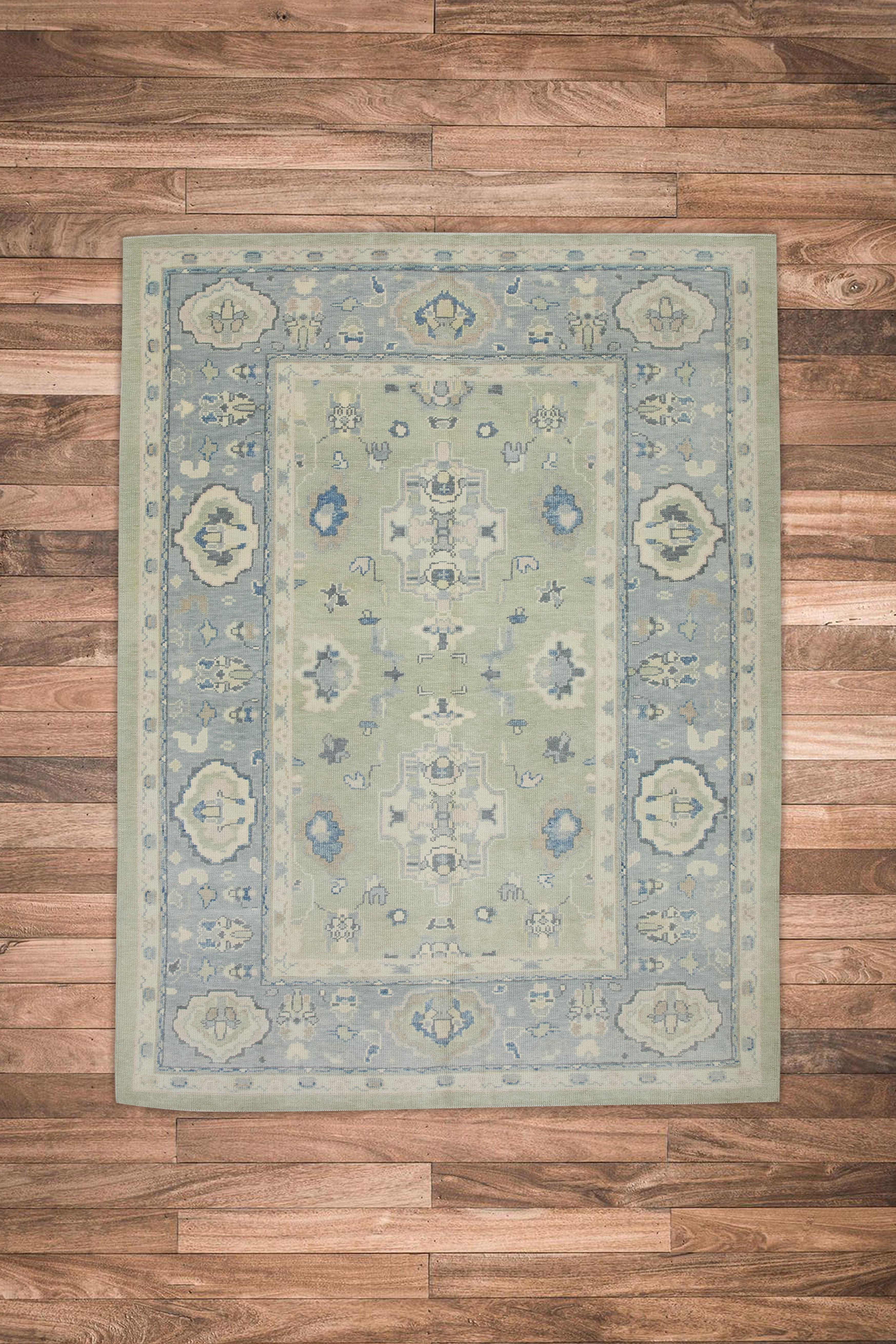 Lana Tappeto Oushak turco in lana intrecciata a mano con disegno floreale verde e blu, 6'2