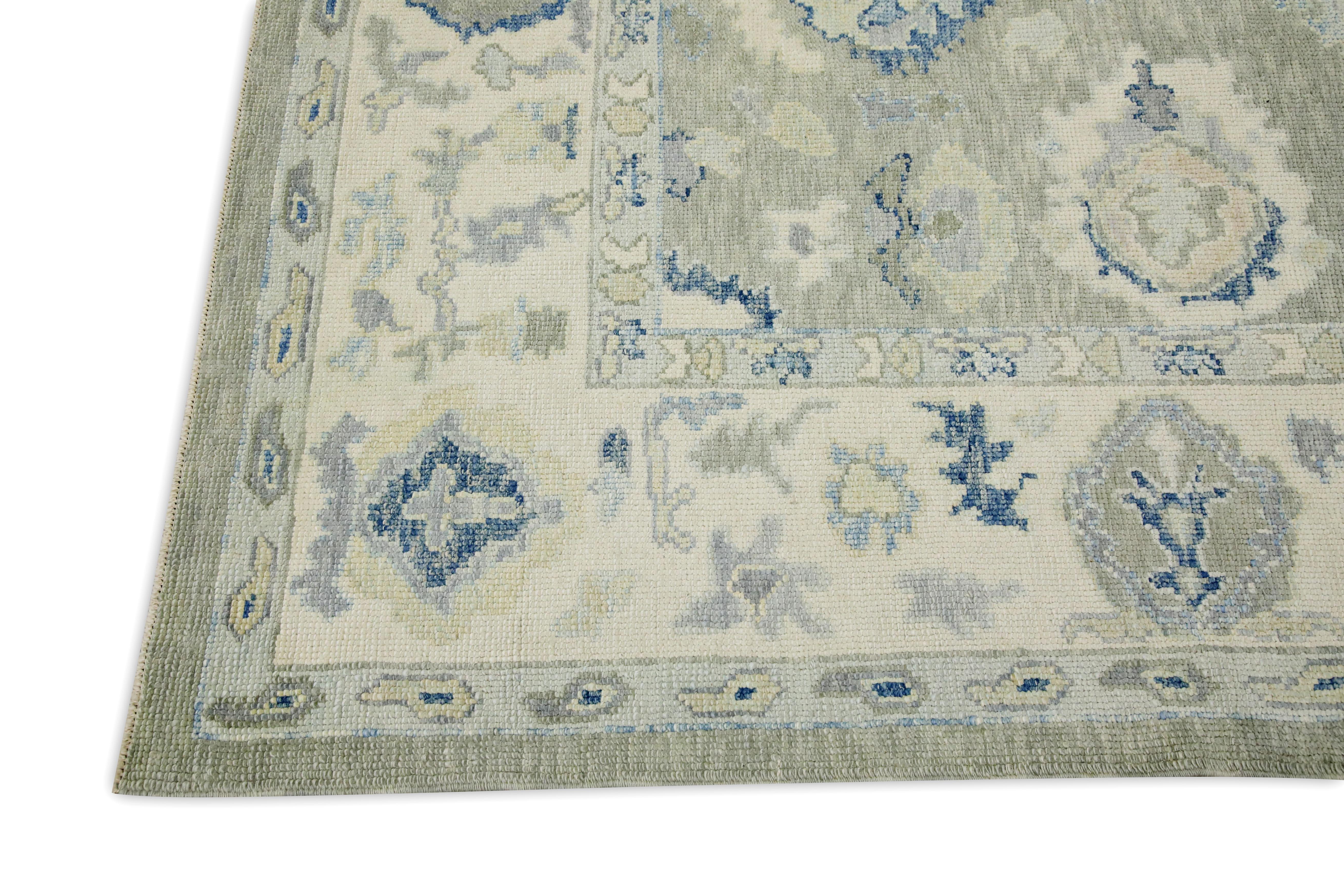 Vegetable Dyed Green & Blue Floral Design Handwoven Wool Turkish Oushak Rug 6'3