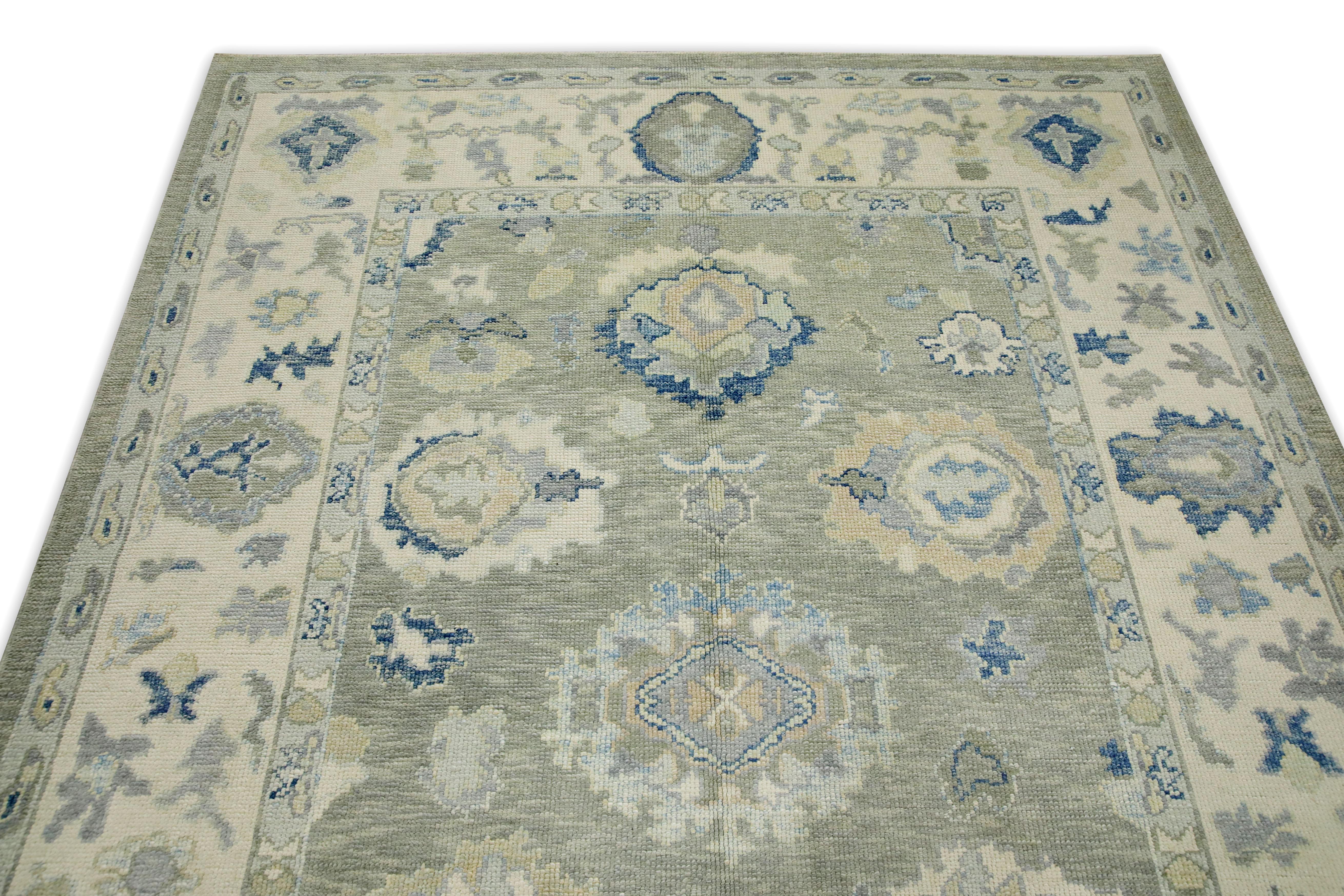 Green & Blue Floral Design Handwoven Wool Turkish Oushak Rug 6'3