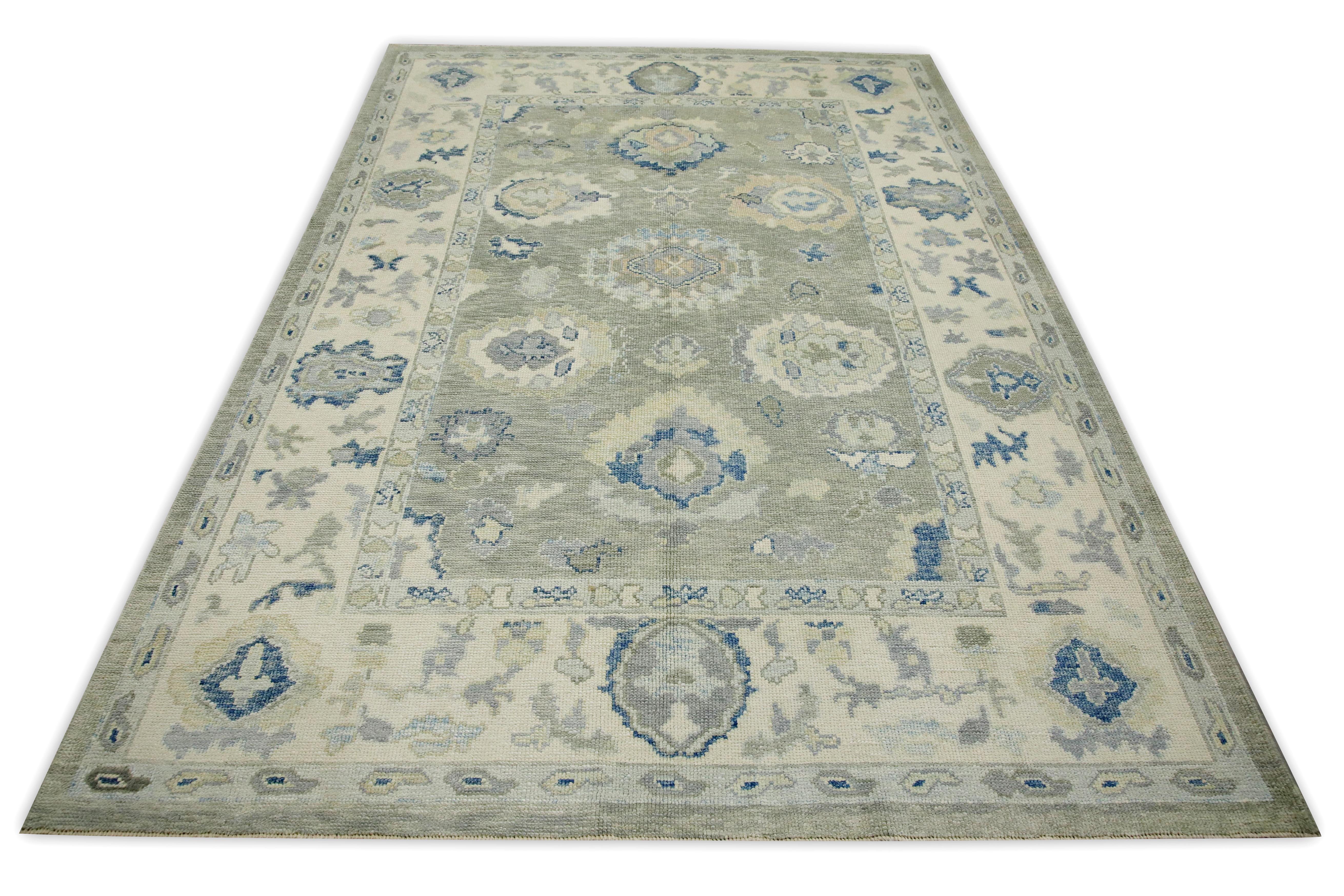 Contemporary Green & Blue Floral Design Handwoven Wool Turkish Oushak Rug 6'3