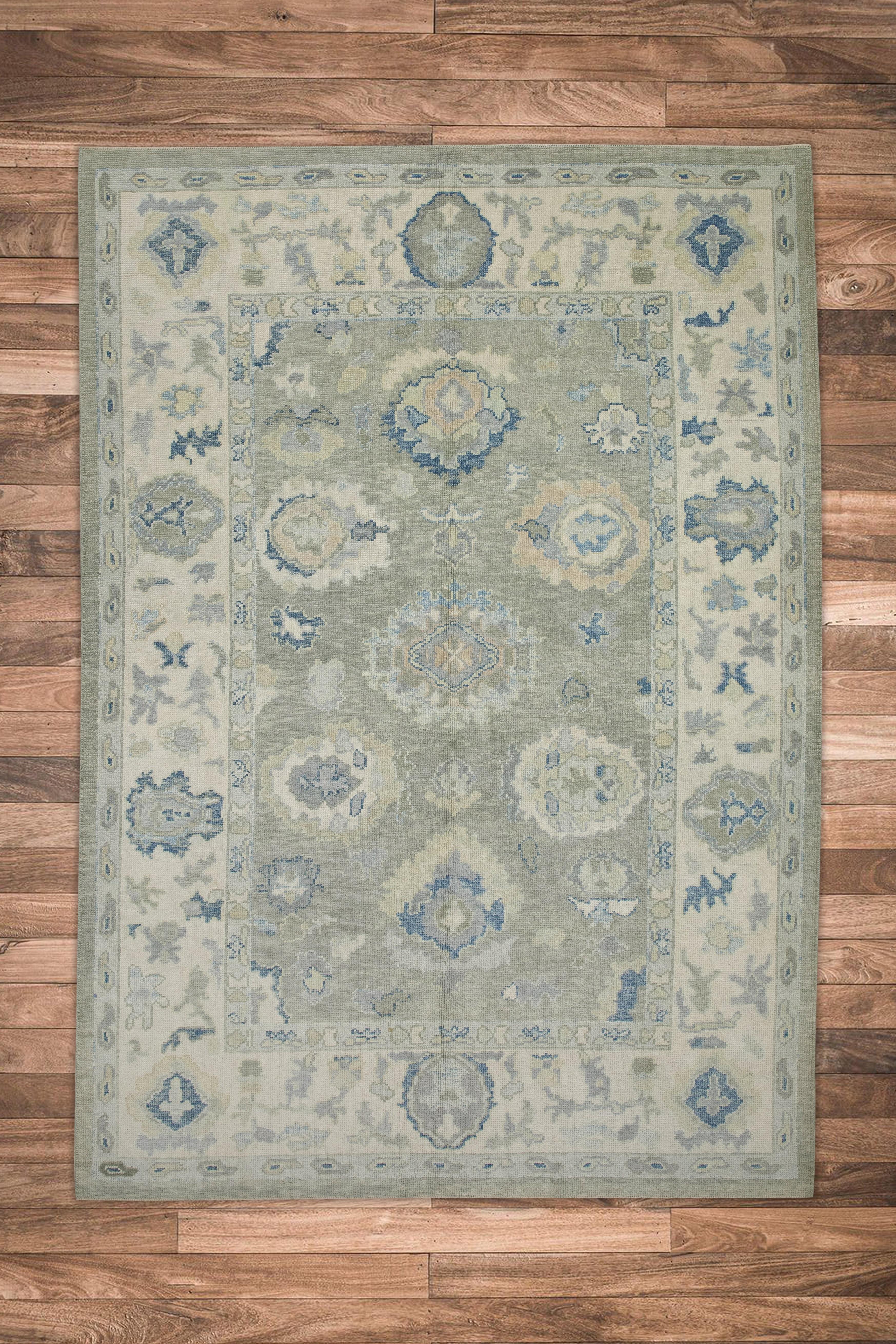 Green & Blue Floral Design Handwoven Wool Turkish Oushak Rug 6'3