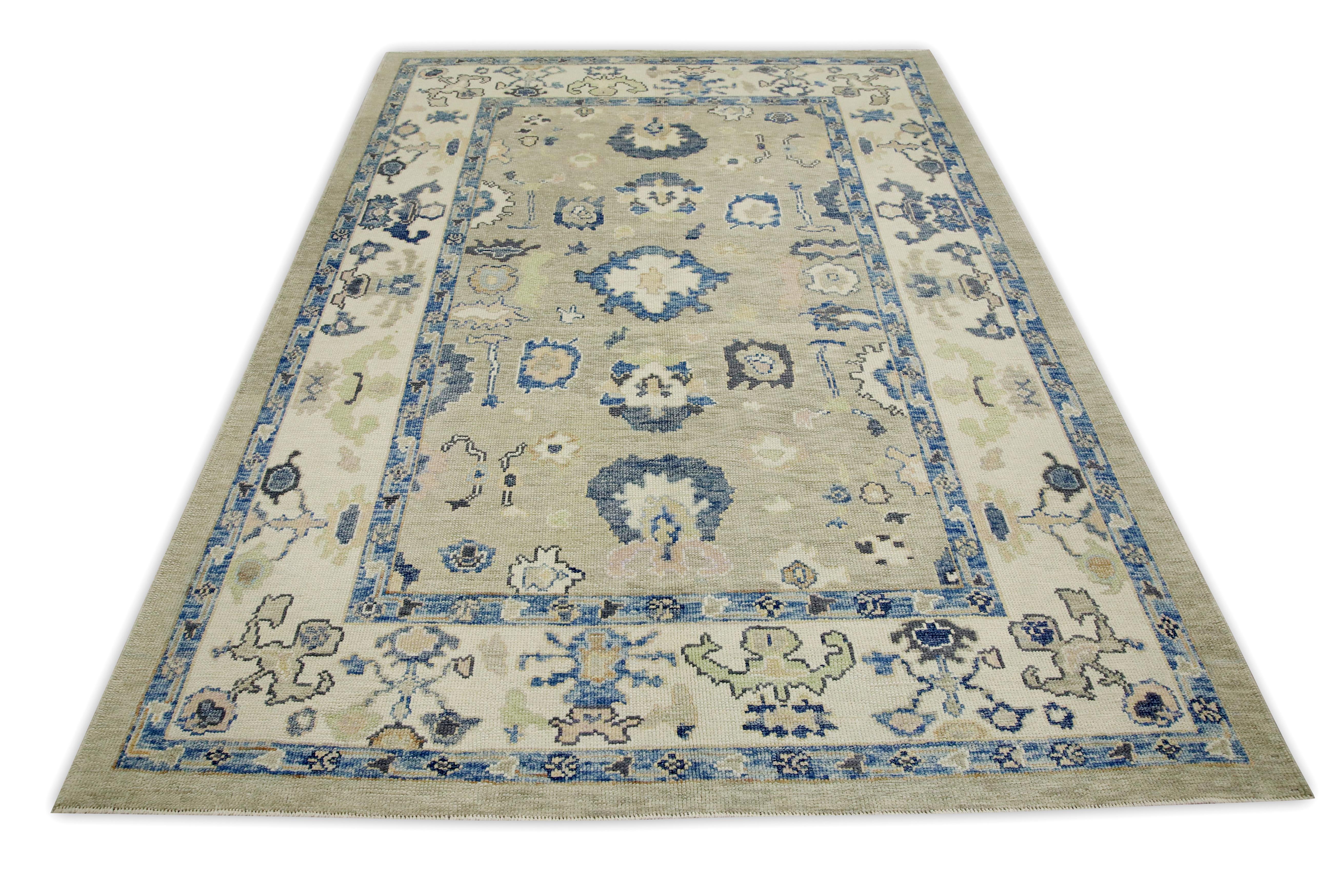Contemporary Green & Blue Floral Design Handwoven Wool Turkish Oushak Rug 6'3