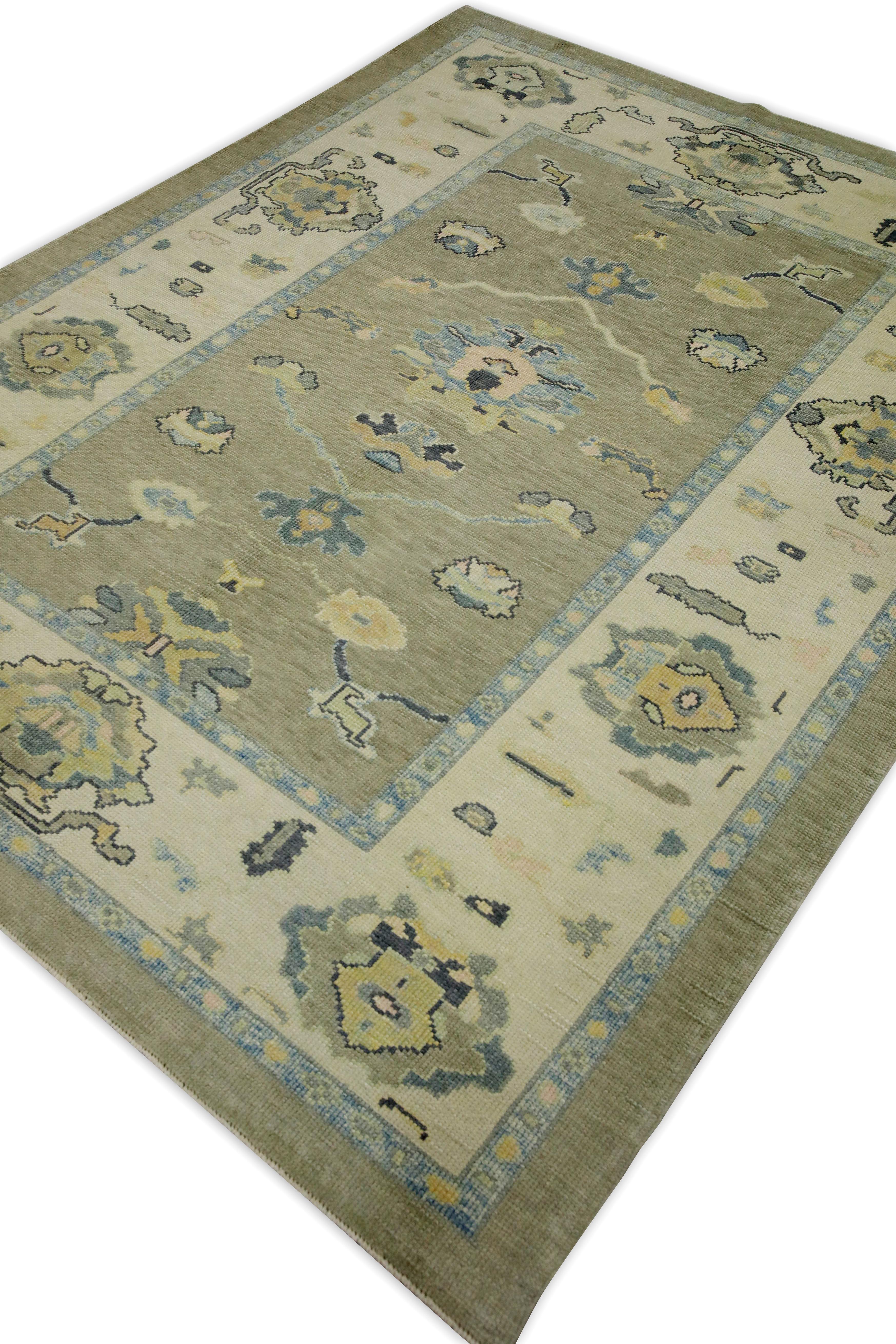 Contemporary Green & Blue Floral Design Handwoven Wool Turkish Oushak Rug 6'5