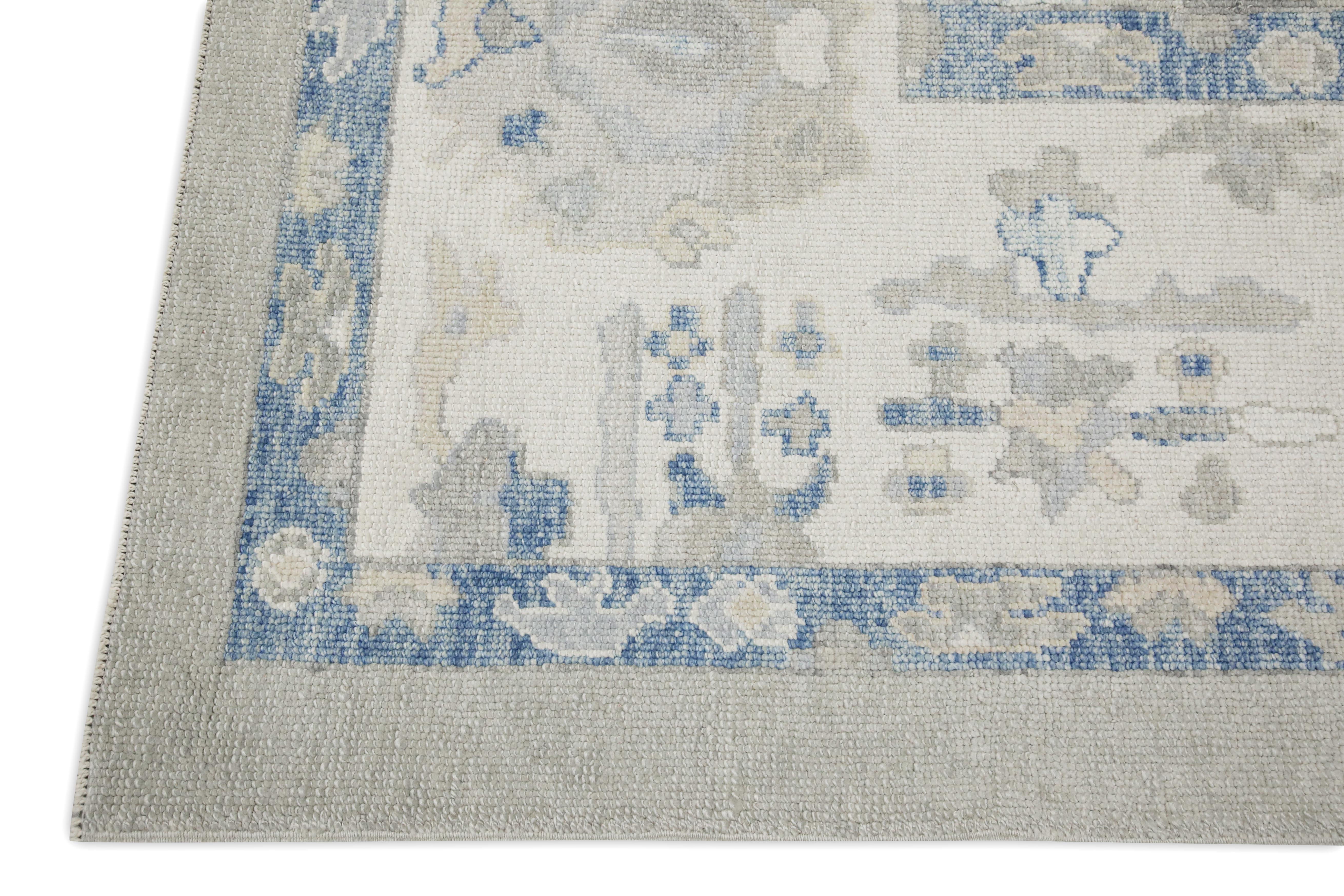 Vegetable Dyed Green & Blue Floral Design Handwoven Wool Turkish Oushak Rug 9' X 12'3