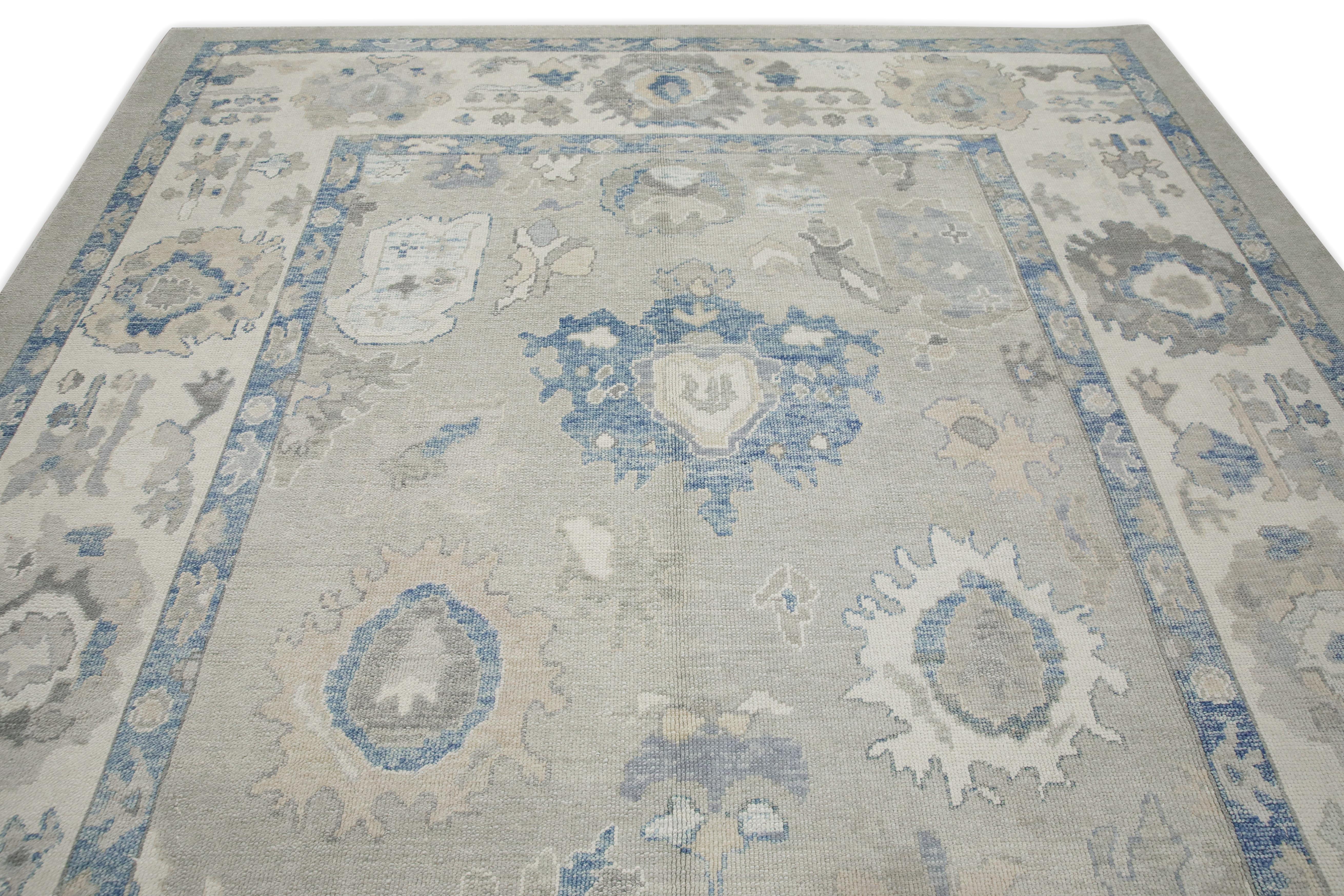 Green & Blue Floral Design Handwoven Wool Turkish Oushak Rug 9' X 12'3