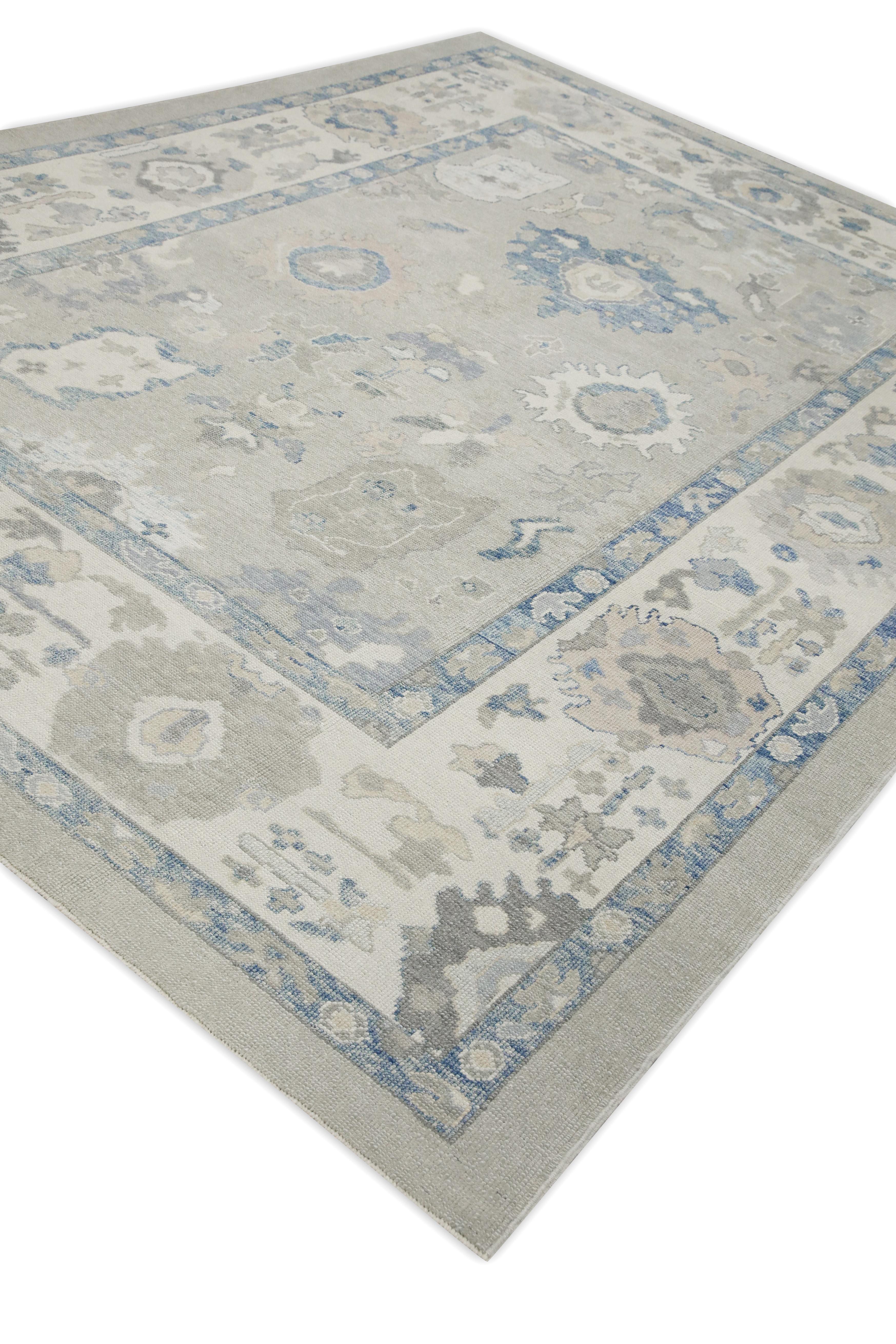 Contemporary Green & Blue Floral Design Handwoven Wool Turkish Oushak Rug 9' X 12'3