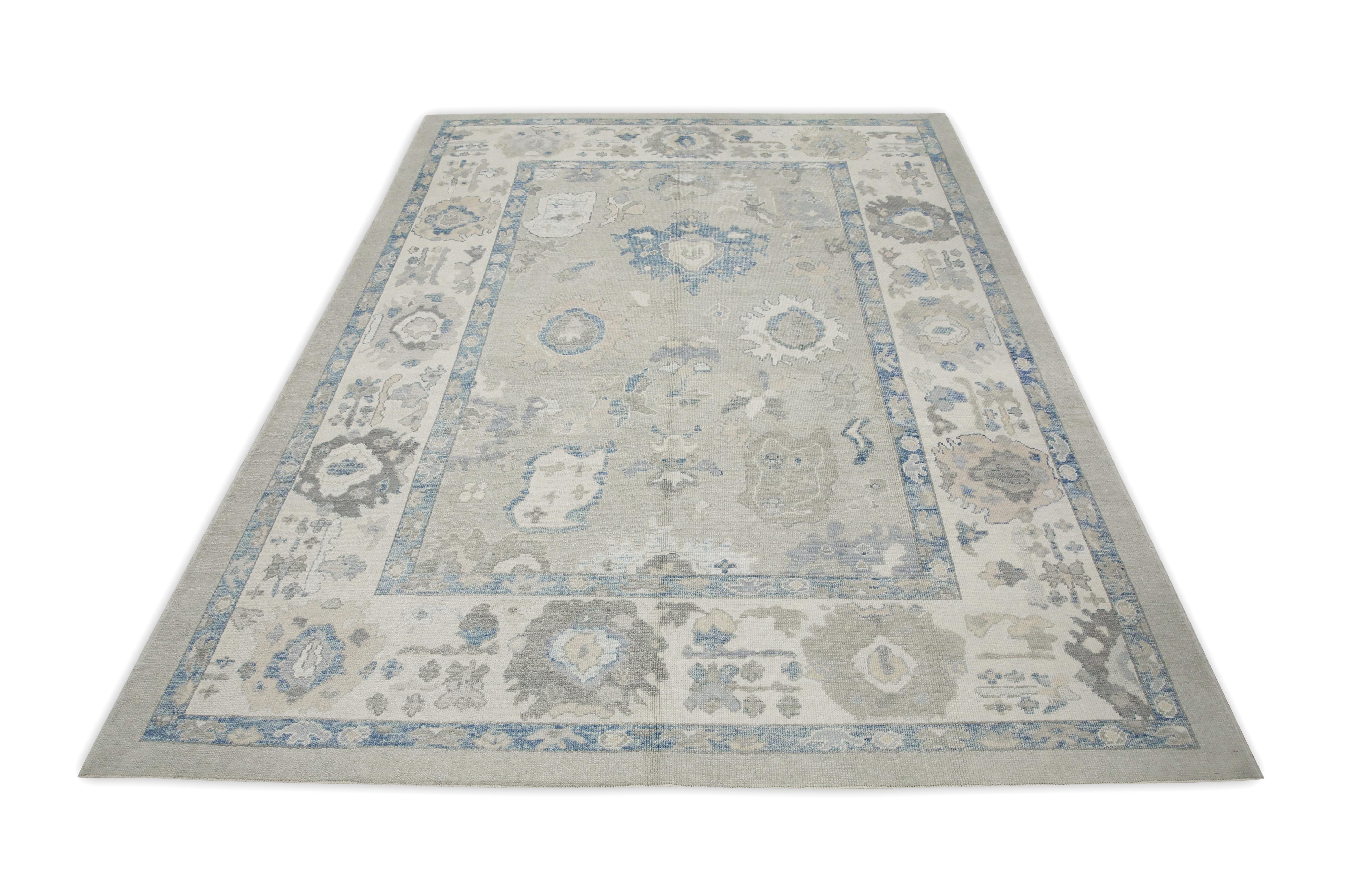 Green & Blue Floral Design Handwoven Wool Turkish Oushak Rug 9' X 12'3