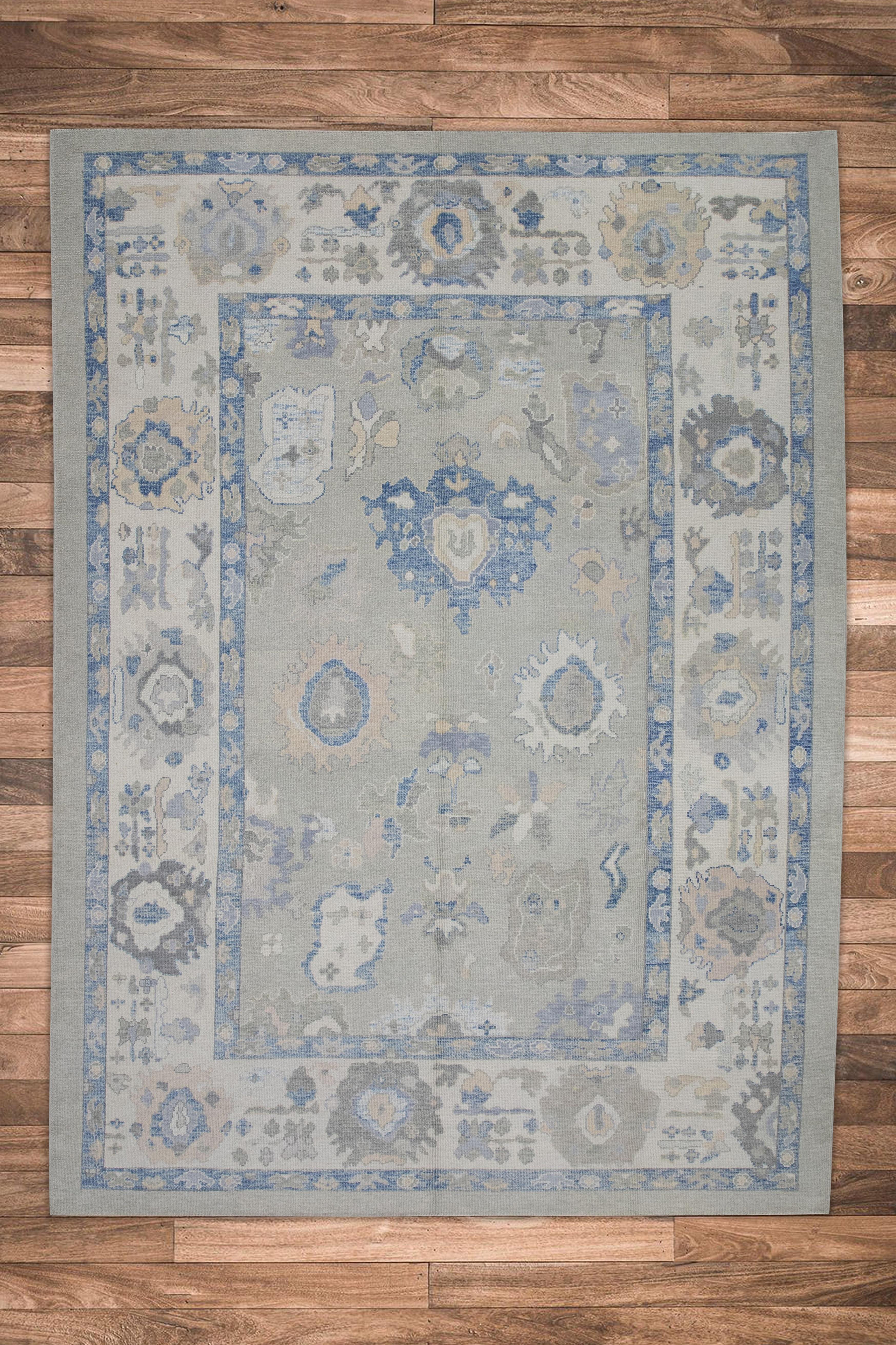 Green & Blue Floral Design Handwoven Wool Turkish Oushak Rug 9' X 12'3