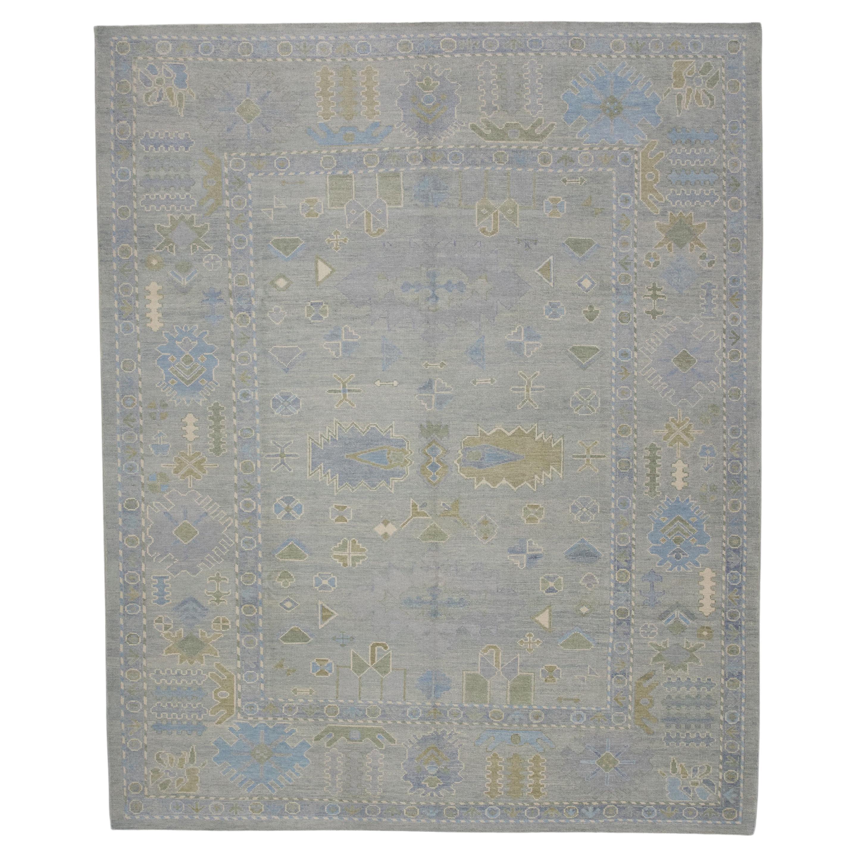 Handgewebter türkischer Oushak-Teppich aus Wolle in Grün & Blau mit Blumenmuster 9'4" X 11'7"