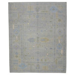 Handgewebter türkischer Oushak-Teppich aus Wolle in Grün & Blau mit Blumenmuster 9'4" X 11'7"