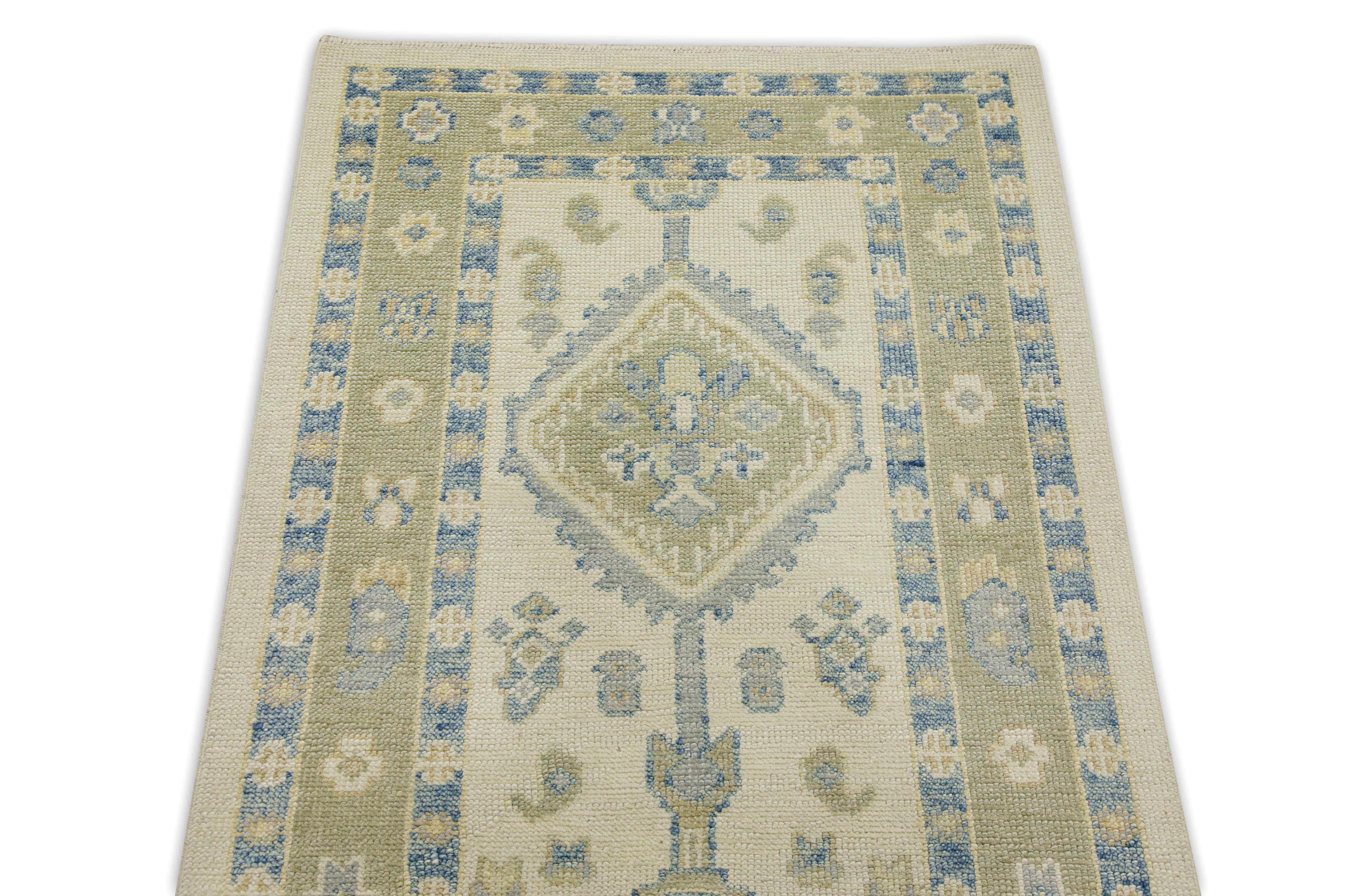 Green & Blue Floral Design Handwoven Wool Turkish Oushak Runner In New Condition For Sale In Houston, TX
