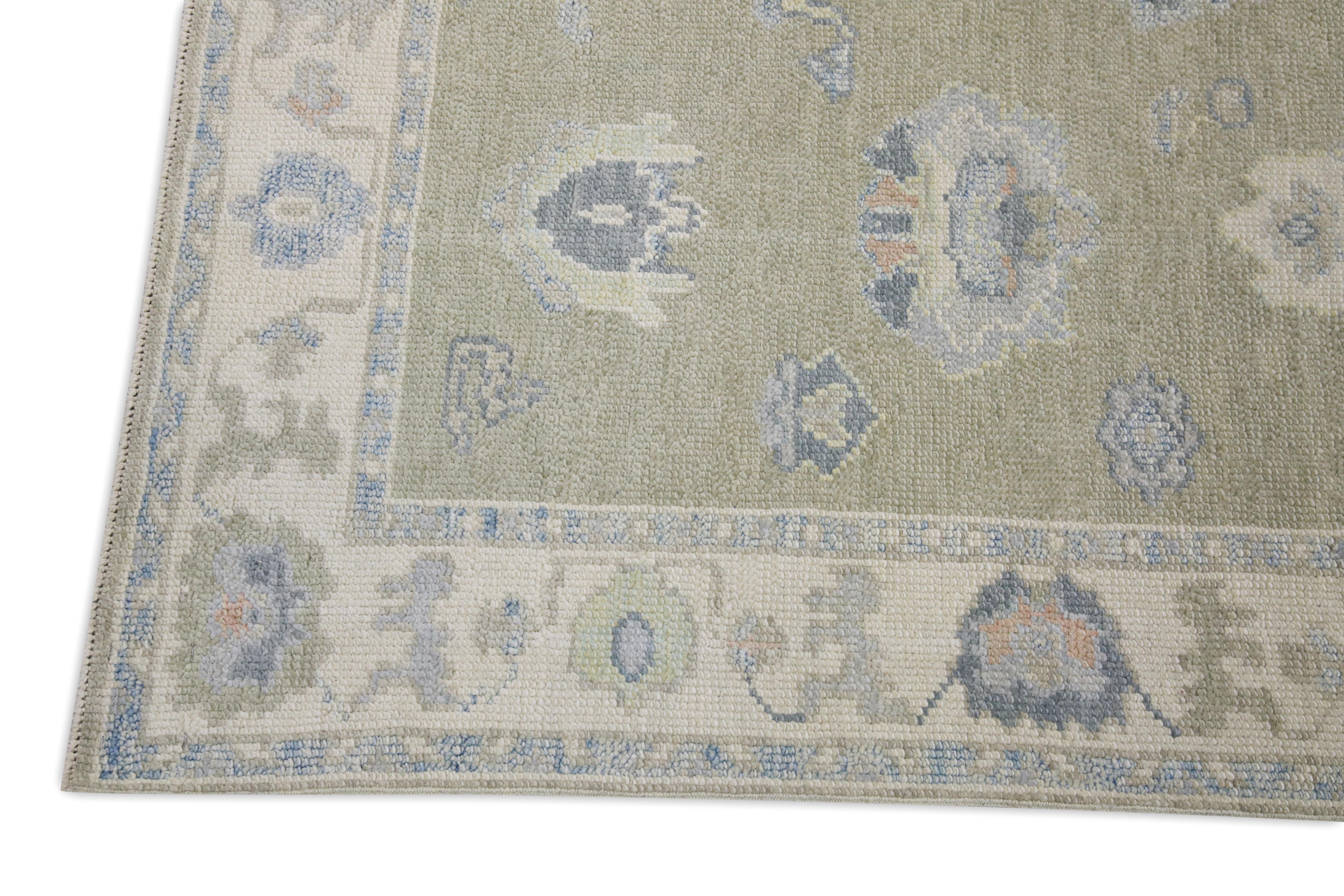 Vegetable Dyed Green & Blue Floral Design Handwoven Wool Turkish Oushak Runner 2'11