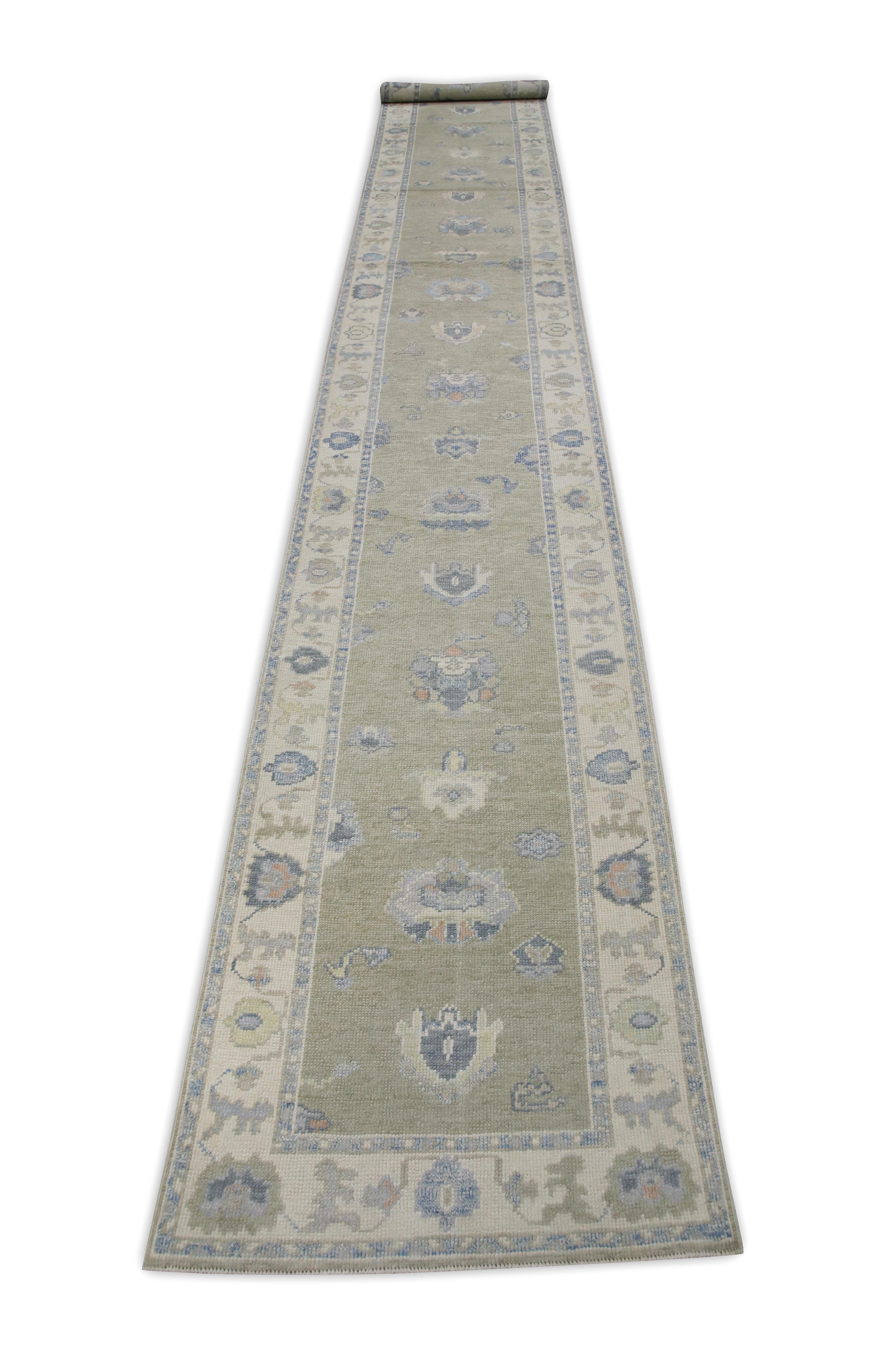 Green & Blue Floral Design Handwoven Wool Turkish Oushak Runner 2'11