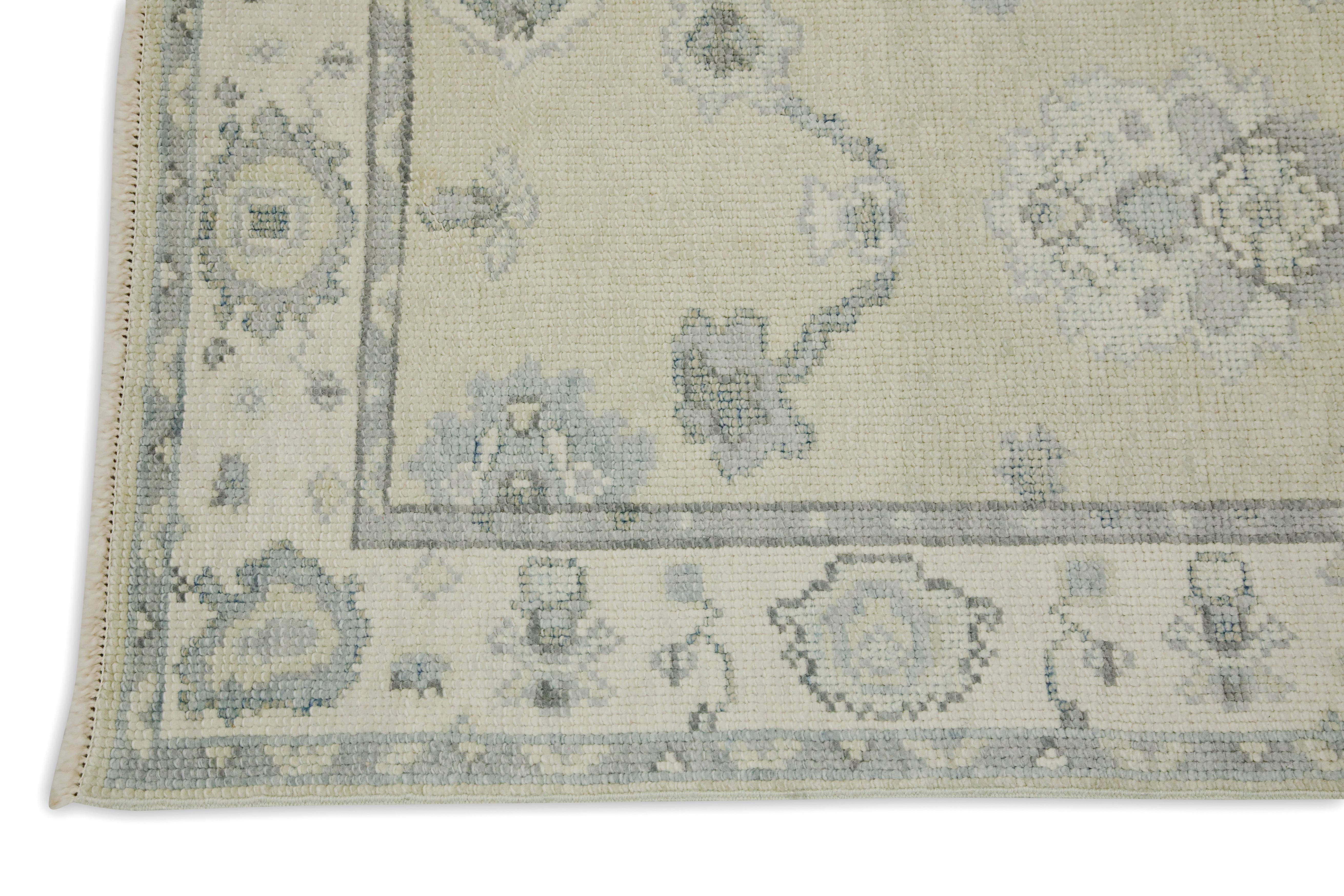 Vegetable Dyed Green & Blue Floral Design Handwoven Wool Turkish Oushak Runner For Sale