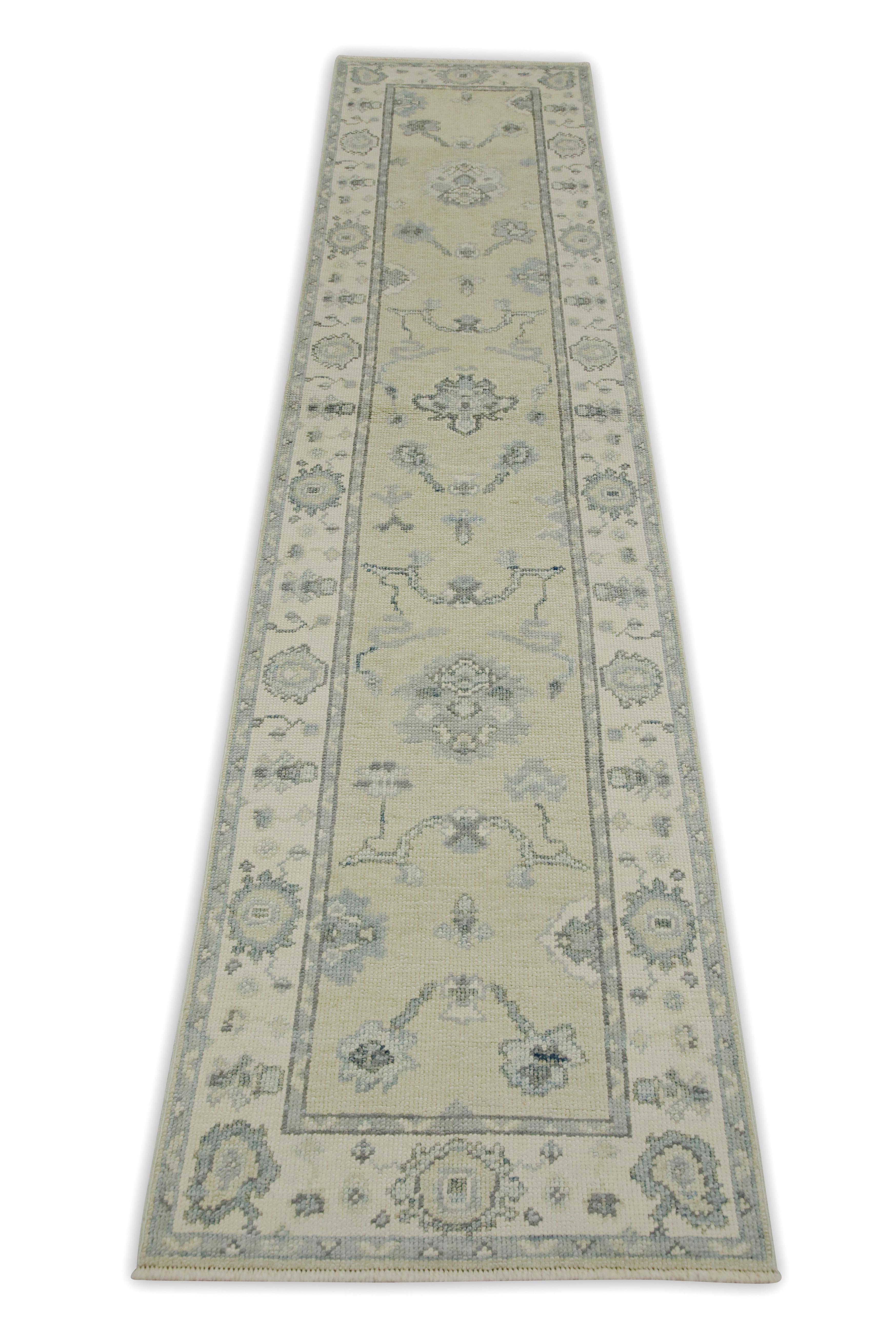 Green & Blue Floral Design Handwoven Wool Turkish Oushak Runner In New Condition For Sale In Houston, TX
