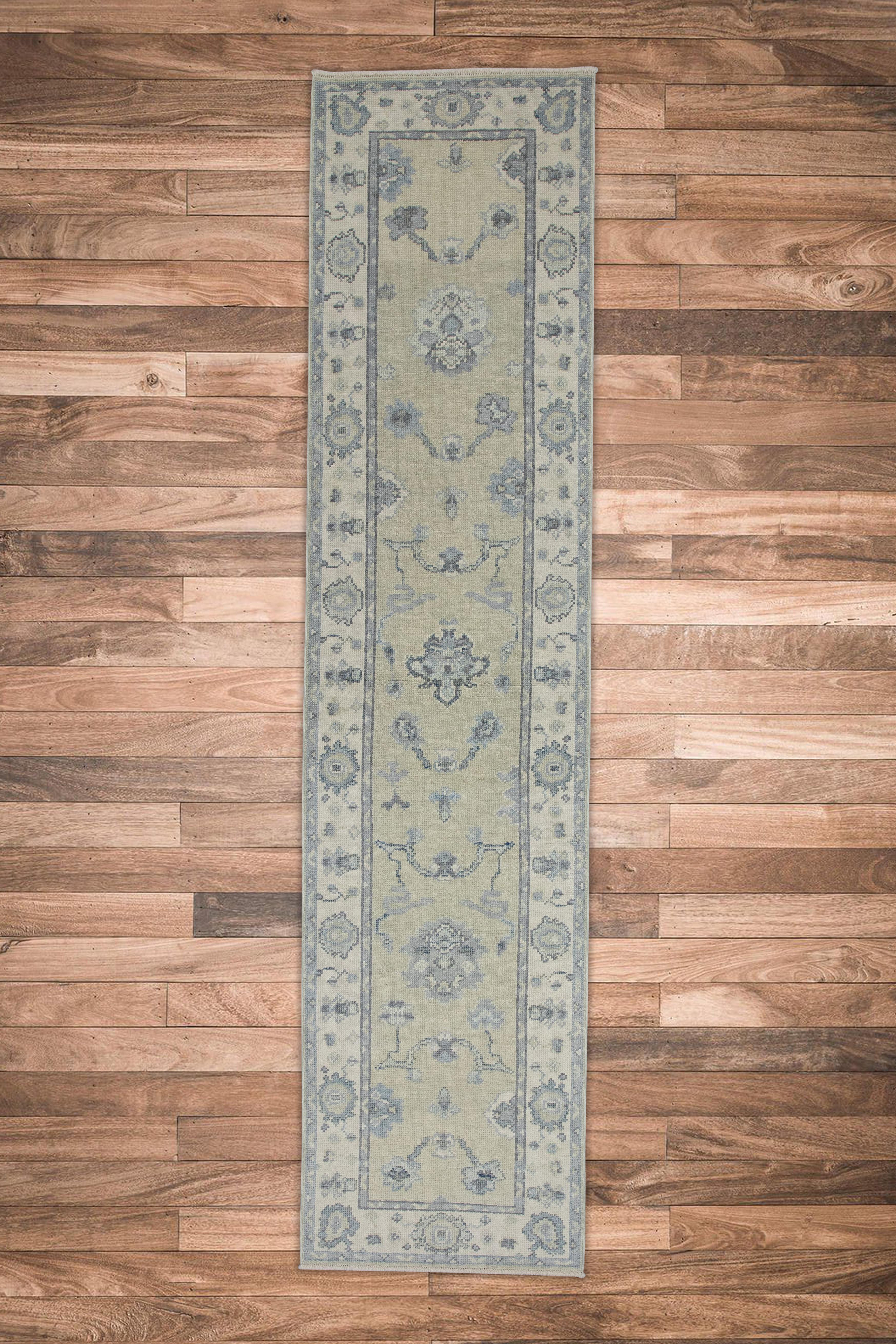 Contemporary Green & Blue Floral Design Handwoven Wool Turkish Oushak Runner For Sale