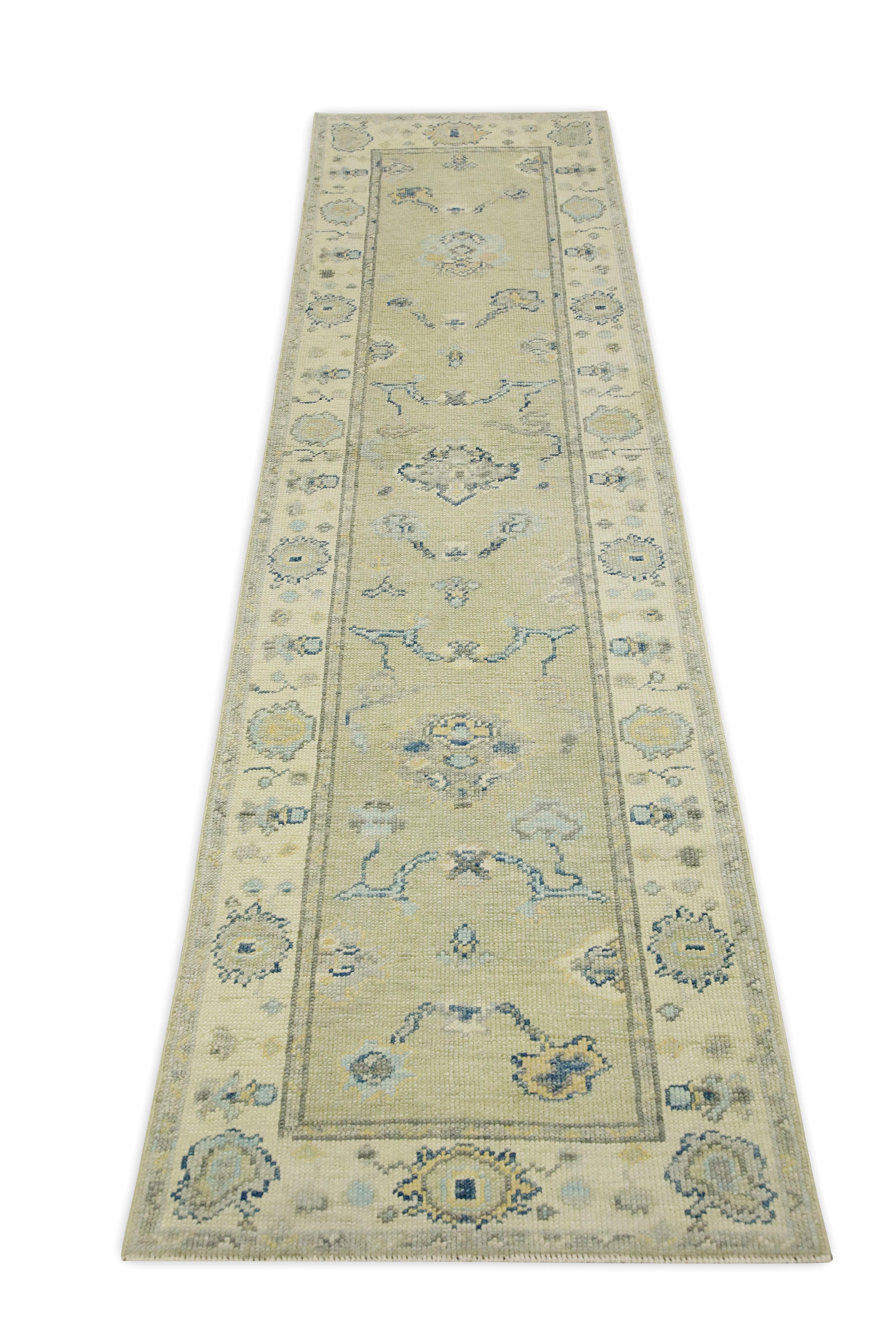 Contemporary Green & Blue Floral Design Handwoven Wool Turkish Oushak Runner For Sale