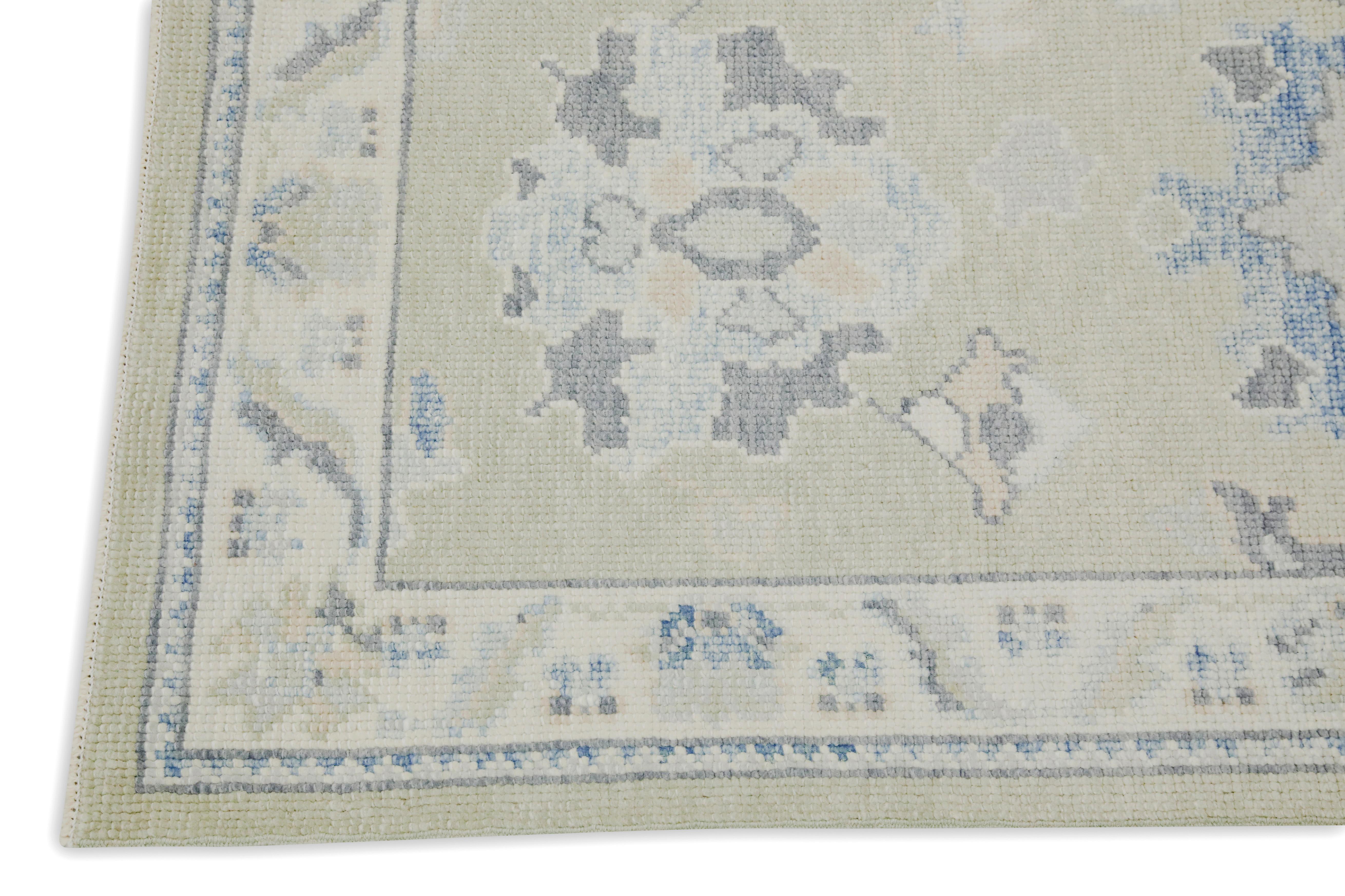 Vegetable Dyed Green & Blue Floral Design Handwoven Wool Turkish Oushak Runner For Sale