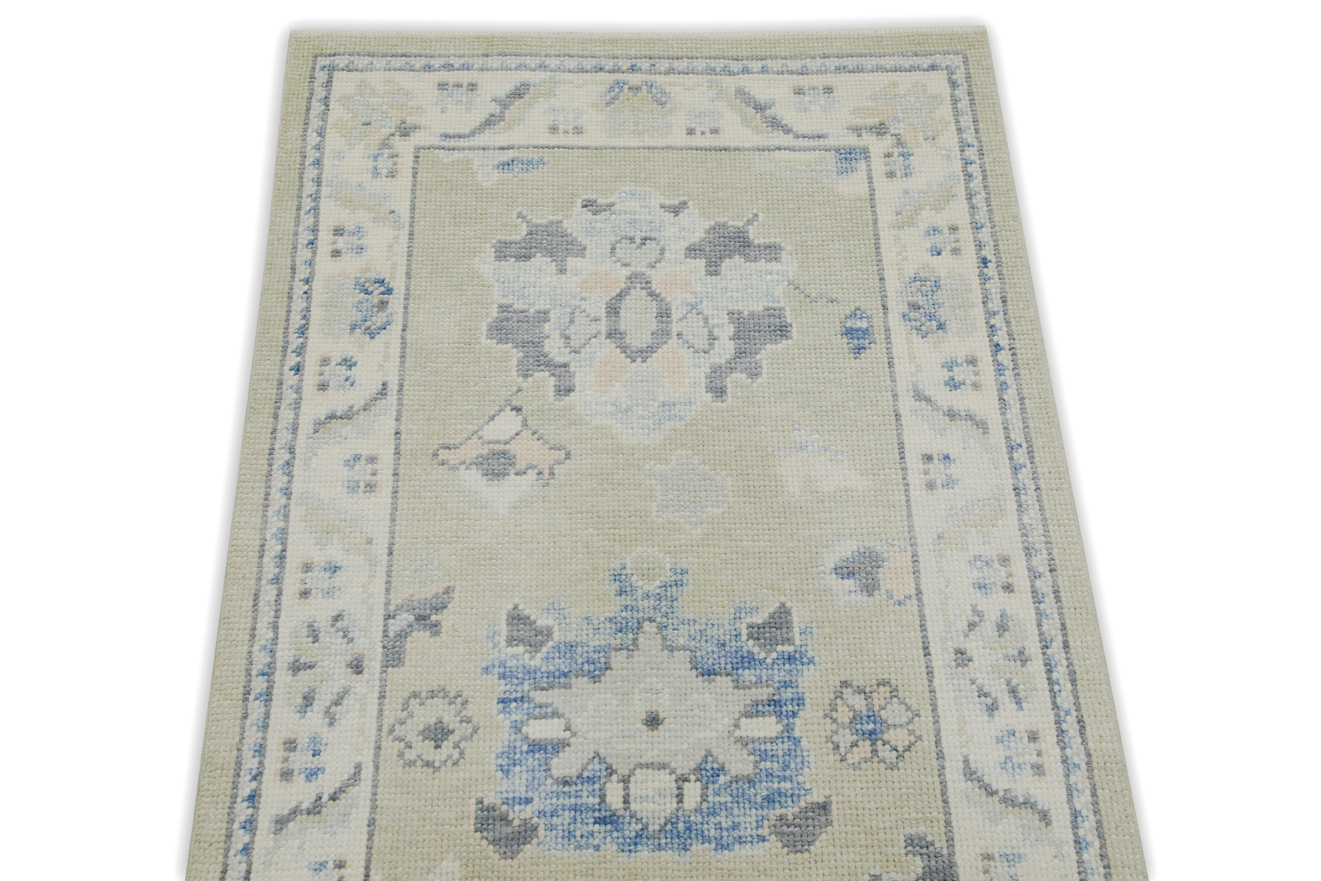 Green & Blue Floral Design Handwoven Wool Turkish Oushak Runner In New Condition For Sale In Houston, TX