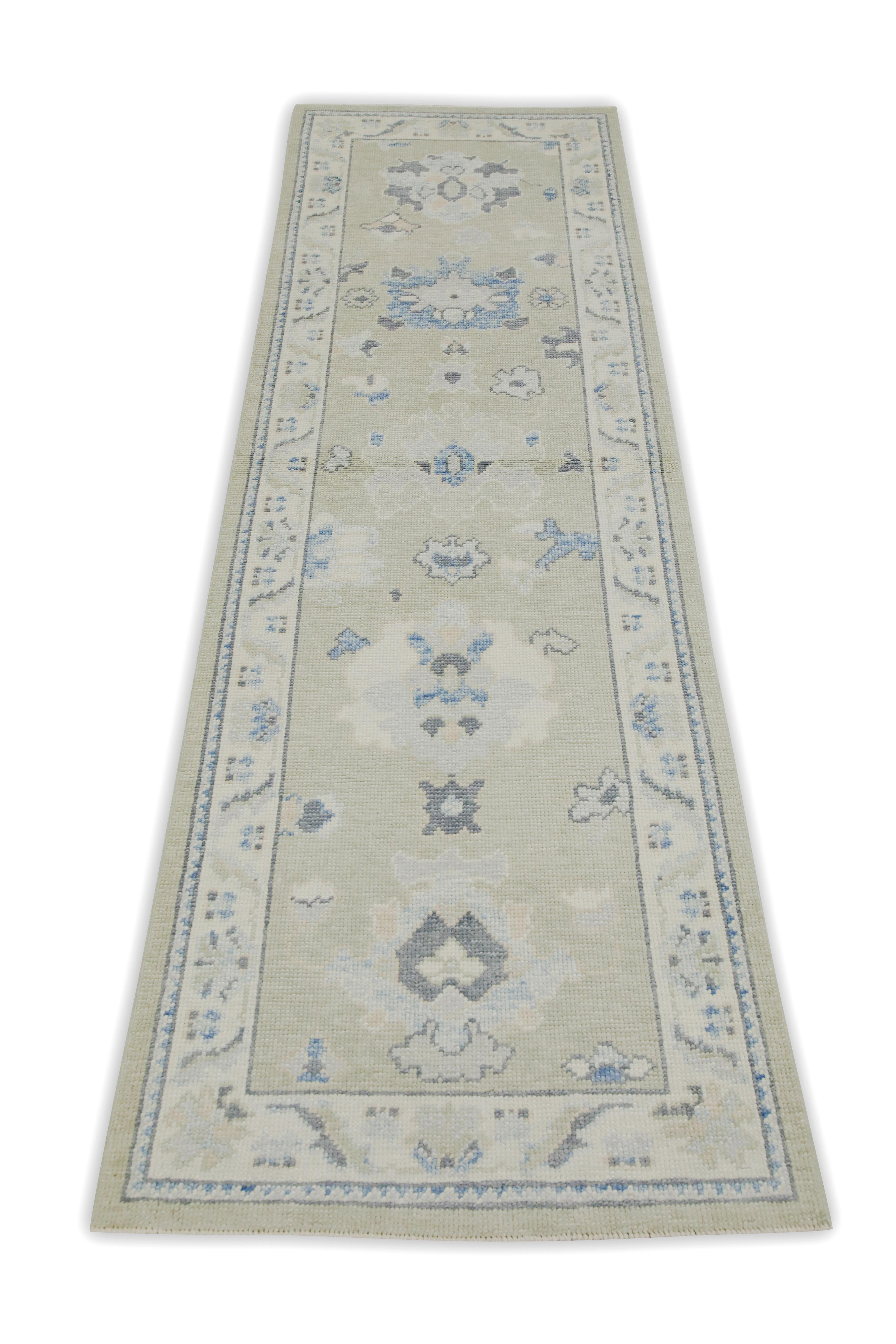 Contemporary Green & Blue Floral Design Handwoven Wool Turkish Oushak Runner For Sale