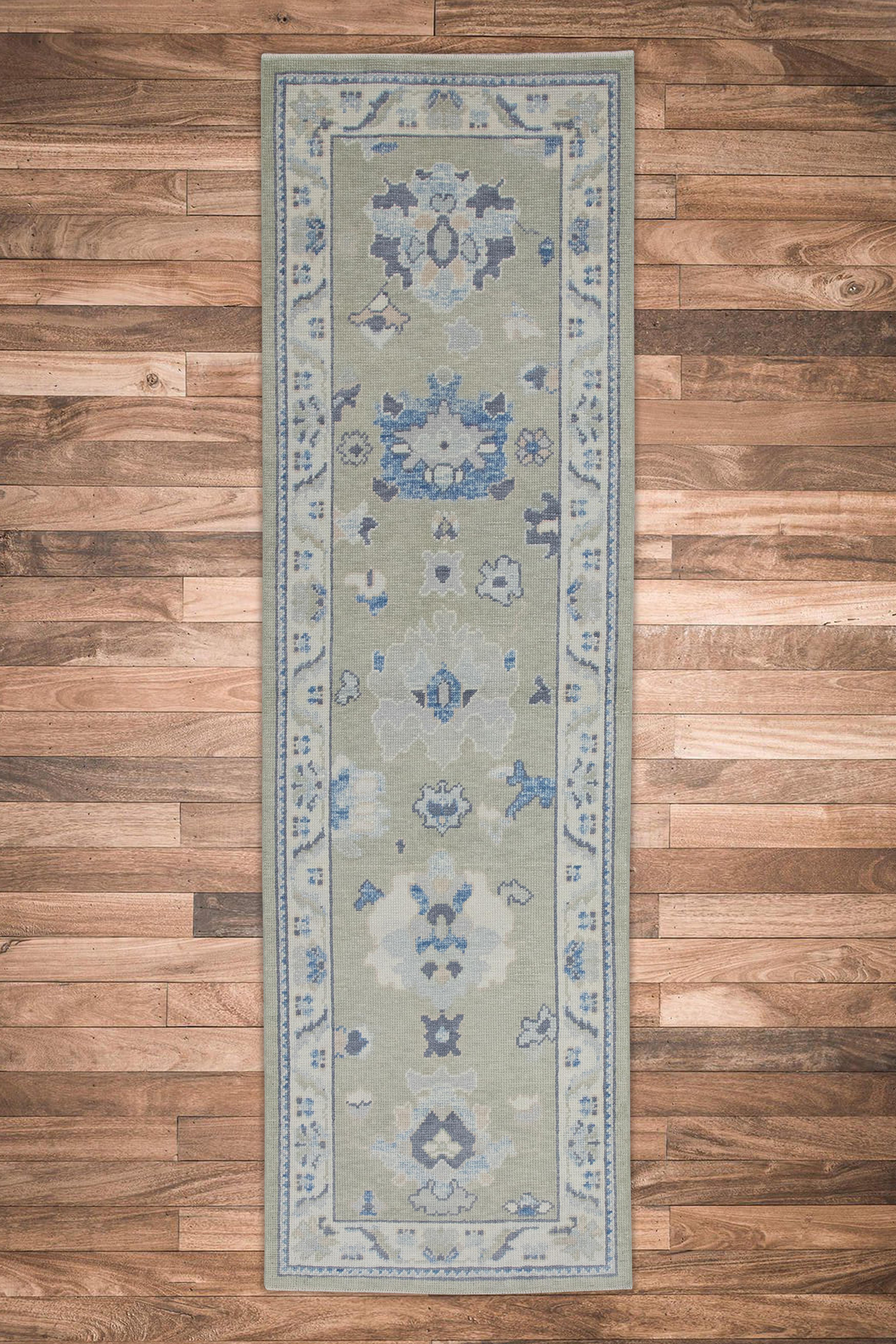 Green & Blue Floral Design Handwoven Wool Turkish Oushak Runner For Sale 1